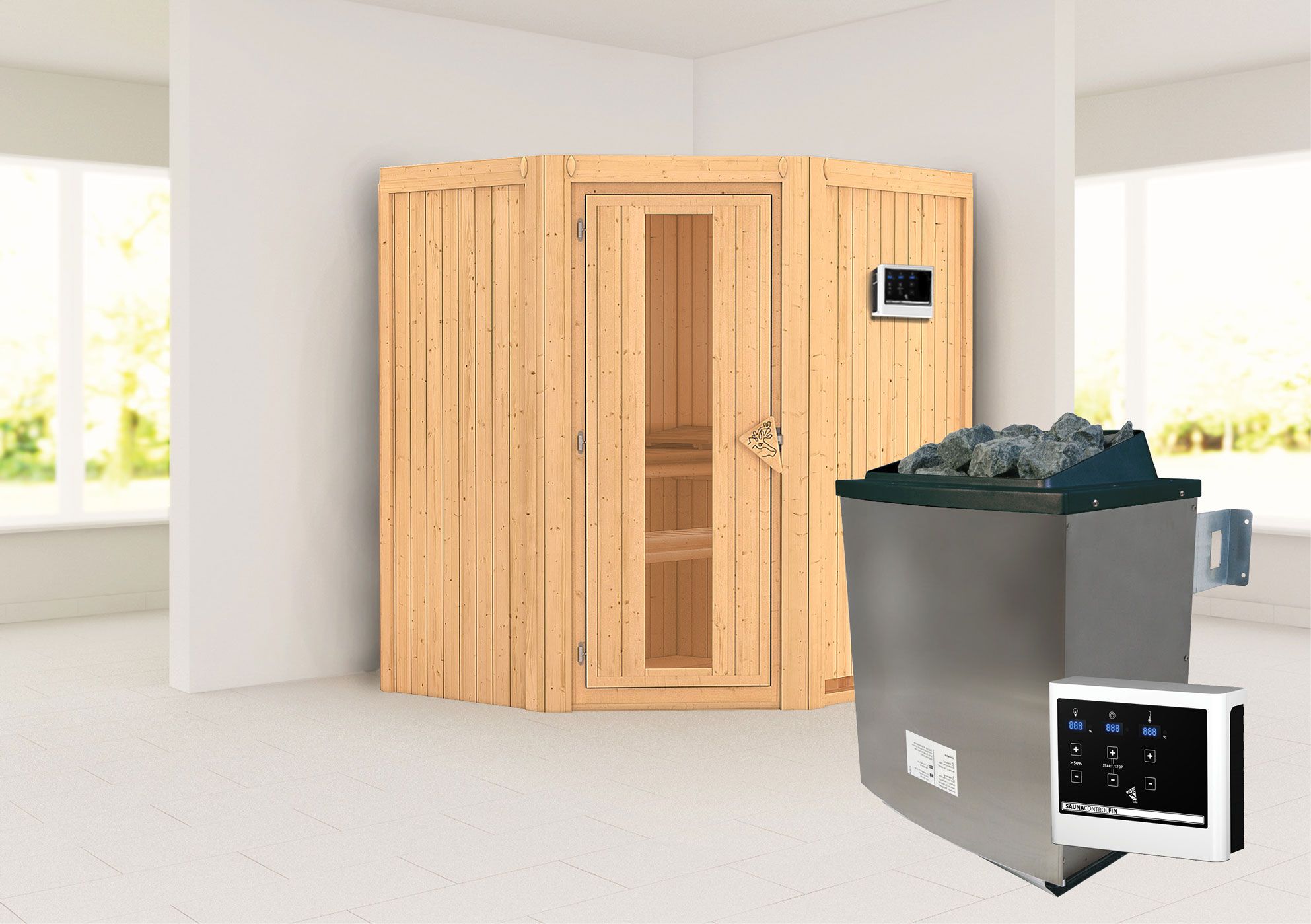 Sauna "Leevi" SET mit Energiespartür - Farbe: Natur, Ofen externe Steuerung easy 9 kW - 170 x 151 x 198 cm (B x T x H)