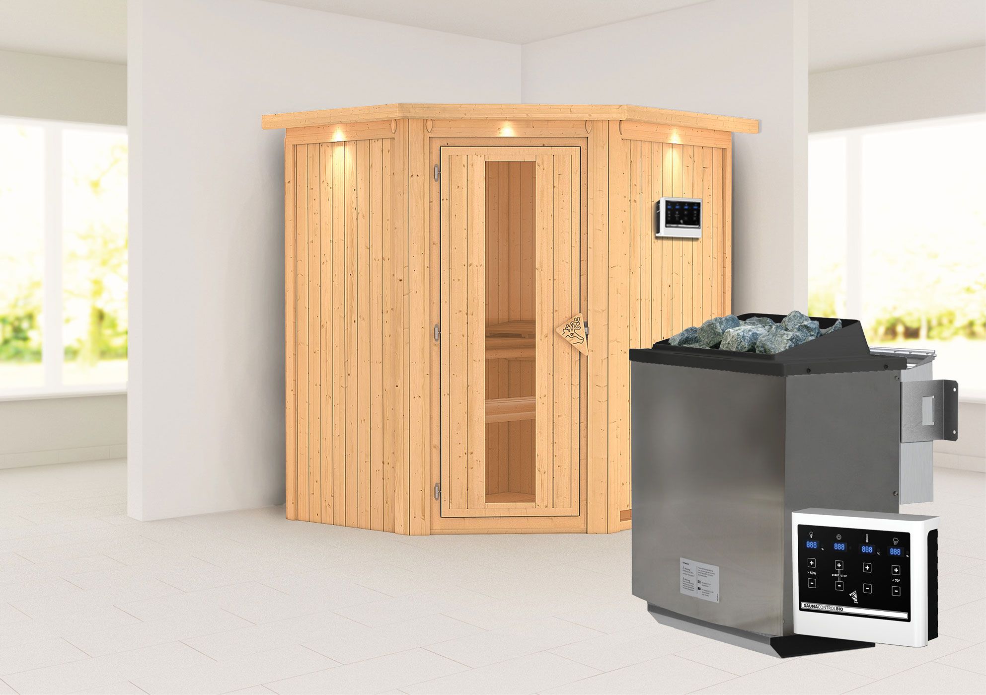 Sauna "Leevi" SET mit Energiespartür und Kranz - Farbe: Natur, Ofen BIO 9 kW - 184 x 165 x 202 cm (B x T x H)