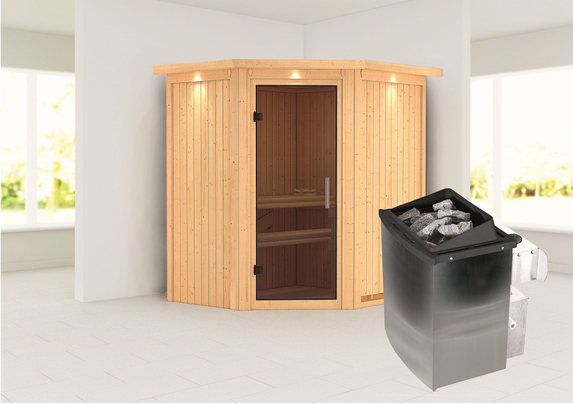 Sauna "Leevi" SET mit graphitfarbene Tür und Kranz - Farbe: Natur, Ofen 9 kW - 184 x 165 x 202 cm (B x T x H)