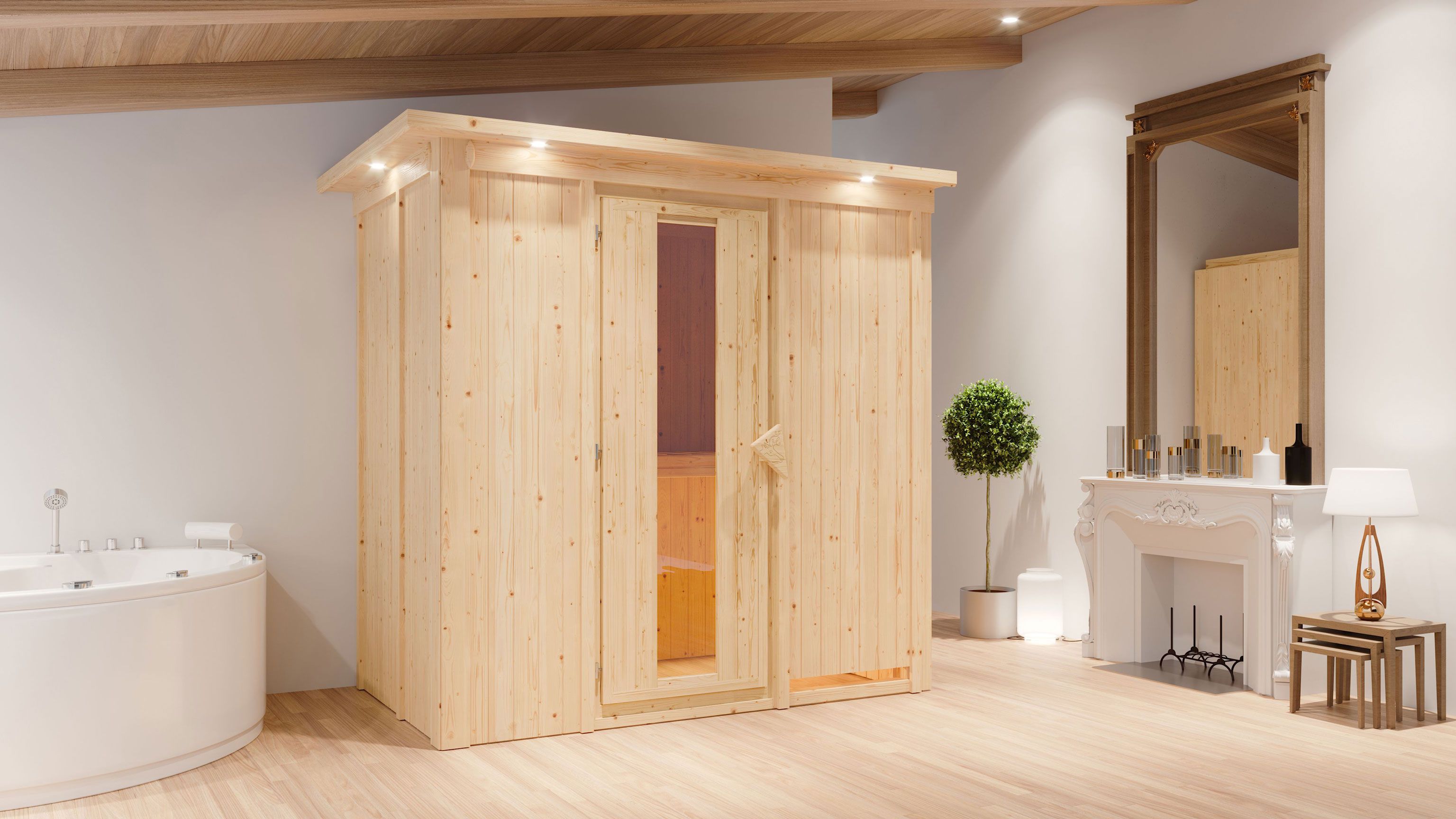 Sauna "Eeli" SET mit Energiespartür und Kranz - Farbe: Natur, Ofen 9 kW - 210 x 132 x 202 cm (B x T x H)