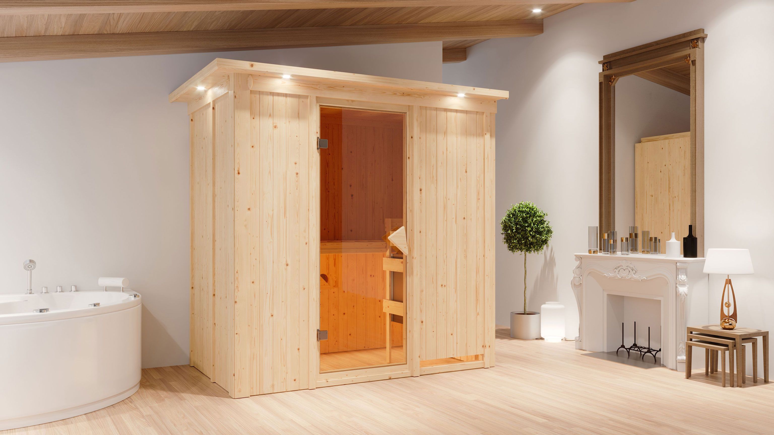 Sauna "Eeli" SET mit bronzierter Tür und Kranz  mit Ofen externe Steuerung easy 9 kW - 210 x 132 x 202 cm (B x T x H)