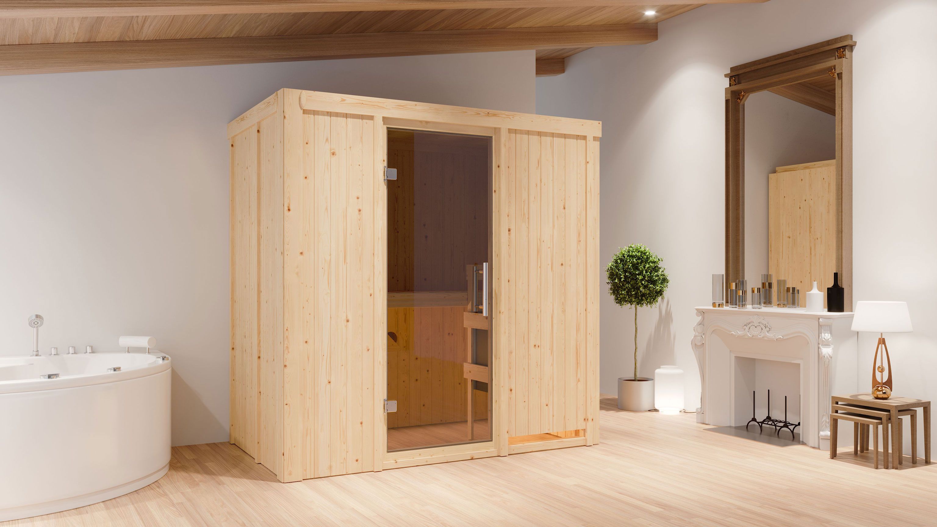 Sauna "Eeli" SET mit graphitfarbener Tür mit Ofen BIO 9 kW - 196 x 118 x 198 cm (B x T x H)
