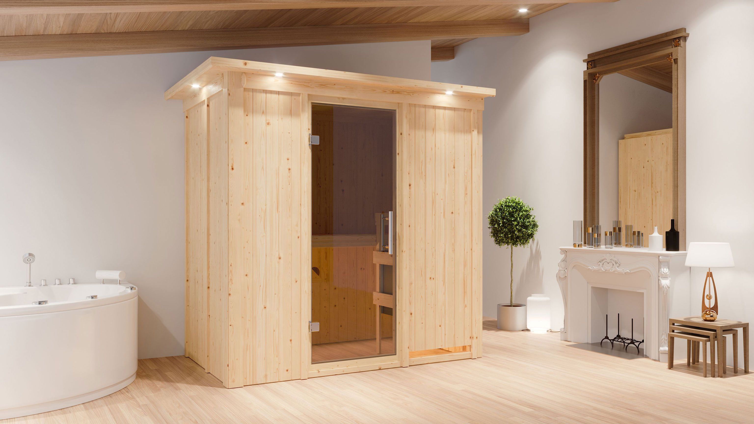 Sauna "Eeli" mit graphitfarbener Tür und Kranz SET mit Ofen 9 kW - 210 x 132 x 202 cm (B x T x H)