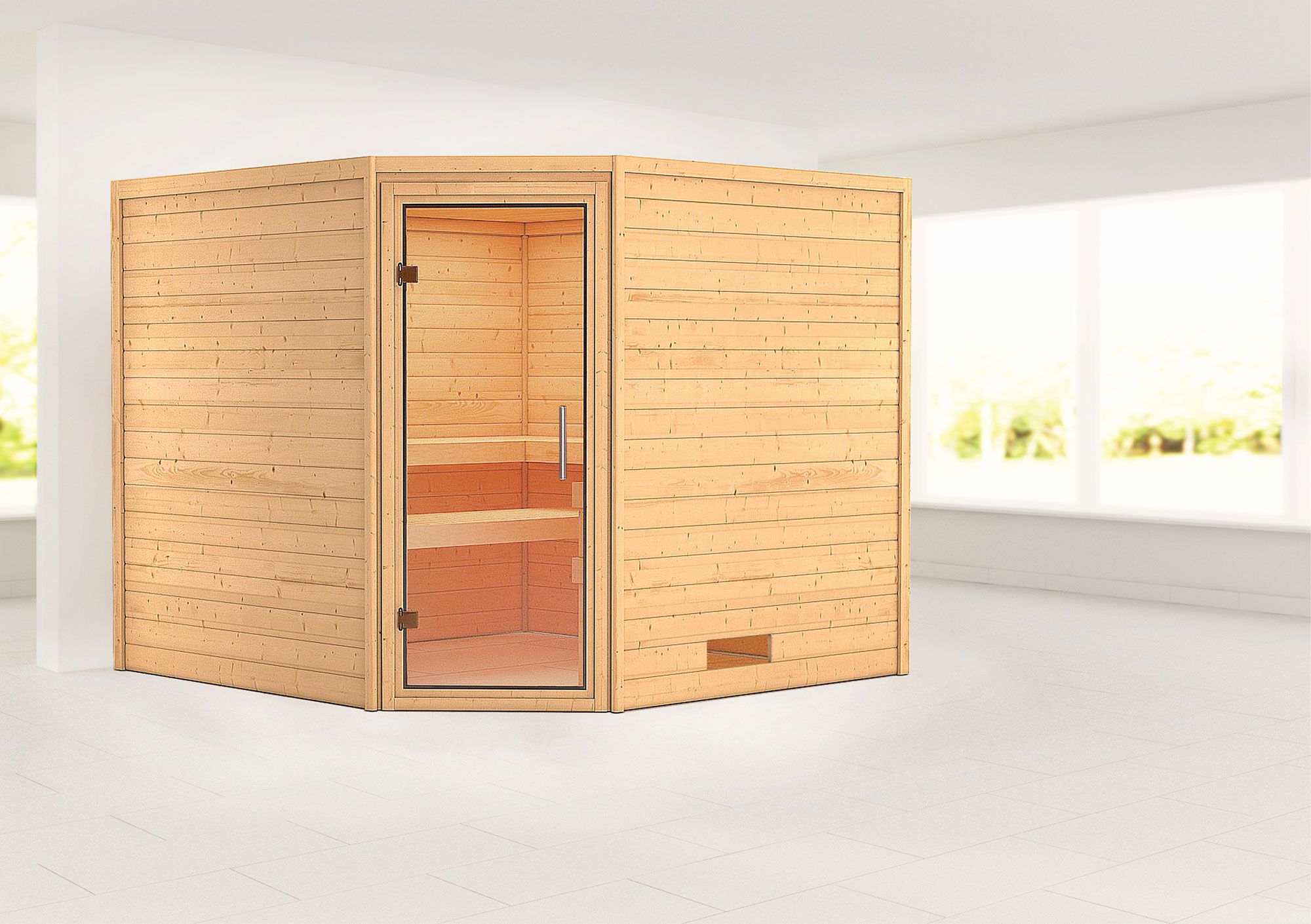 Sauna "Anesa" mit Klarglastür - Farbe: Natur - 231 x 231 x 198 cm (B x T x H)