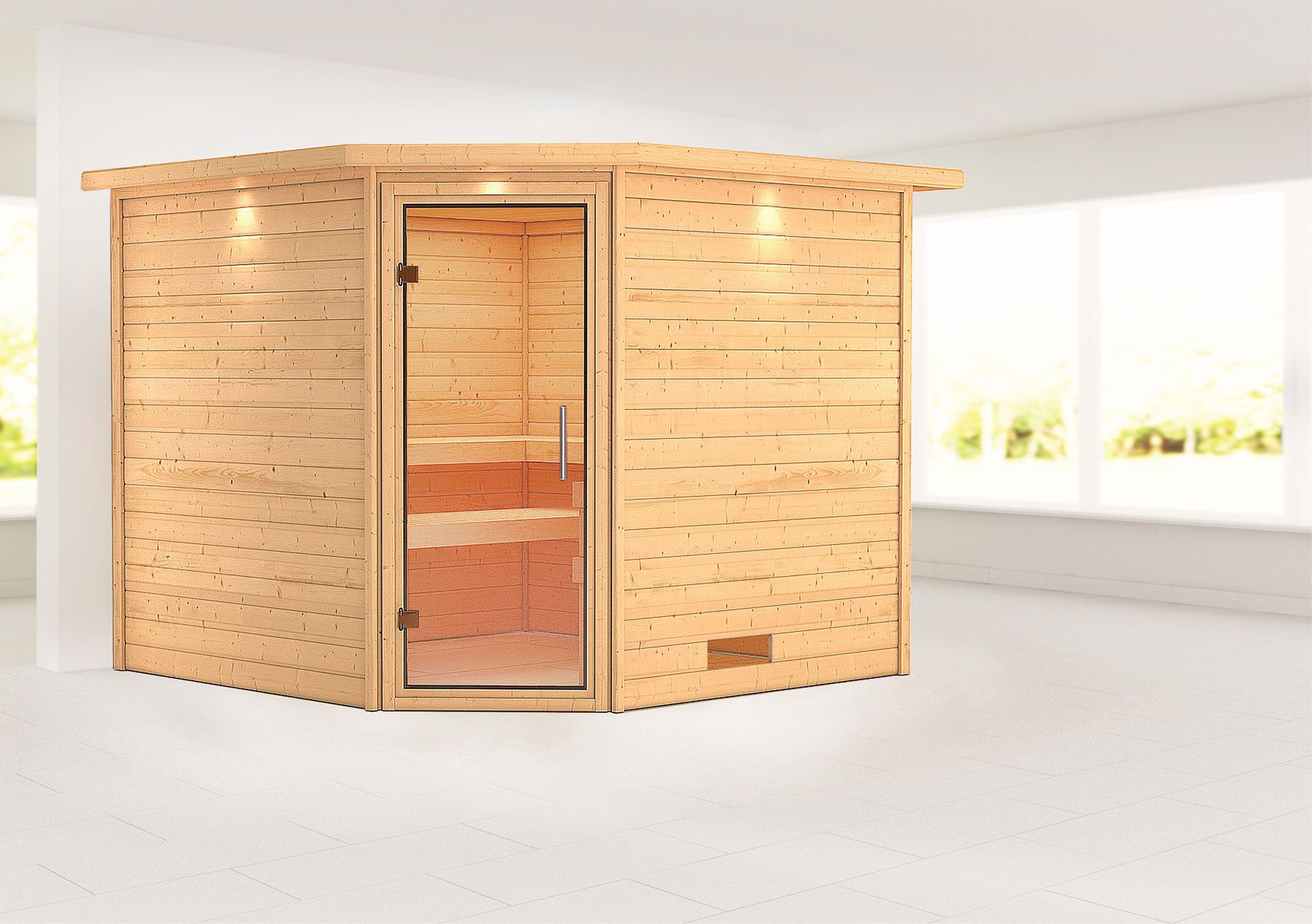 Sauna "Anesa" mit Klarglastür und Kranz - Farbe: Natur - 259 x 245 x 202 cm (B x T x H)