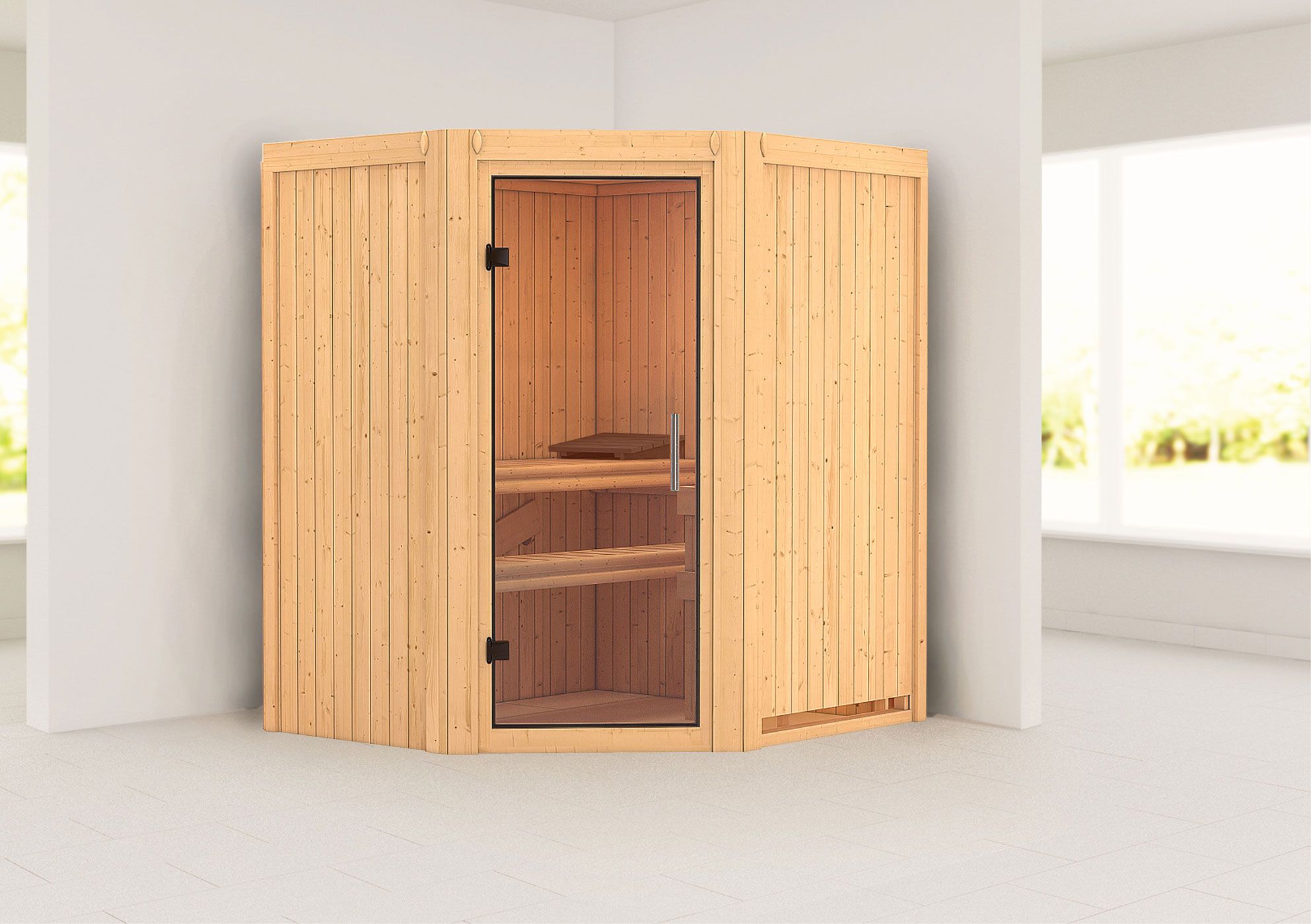 Sauna "Leevi" mit Klarglastür - Farbe: Natur - 170 x 151 x 198 cm (B x T x H)