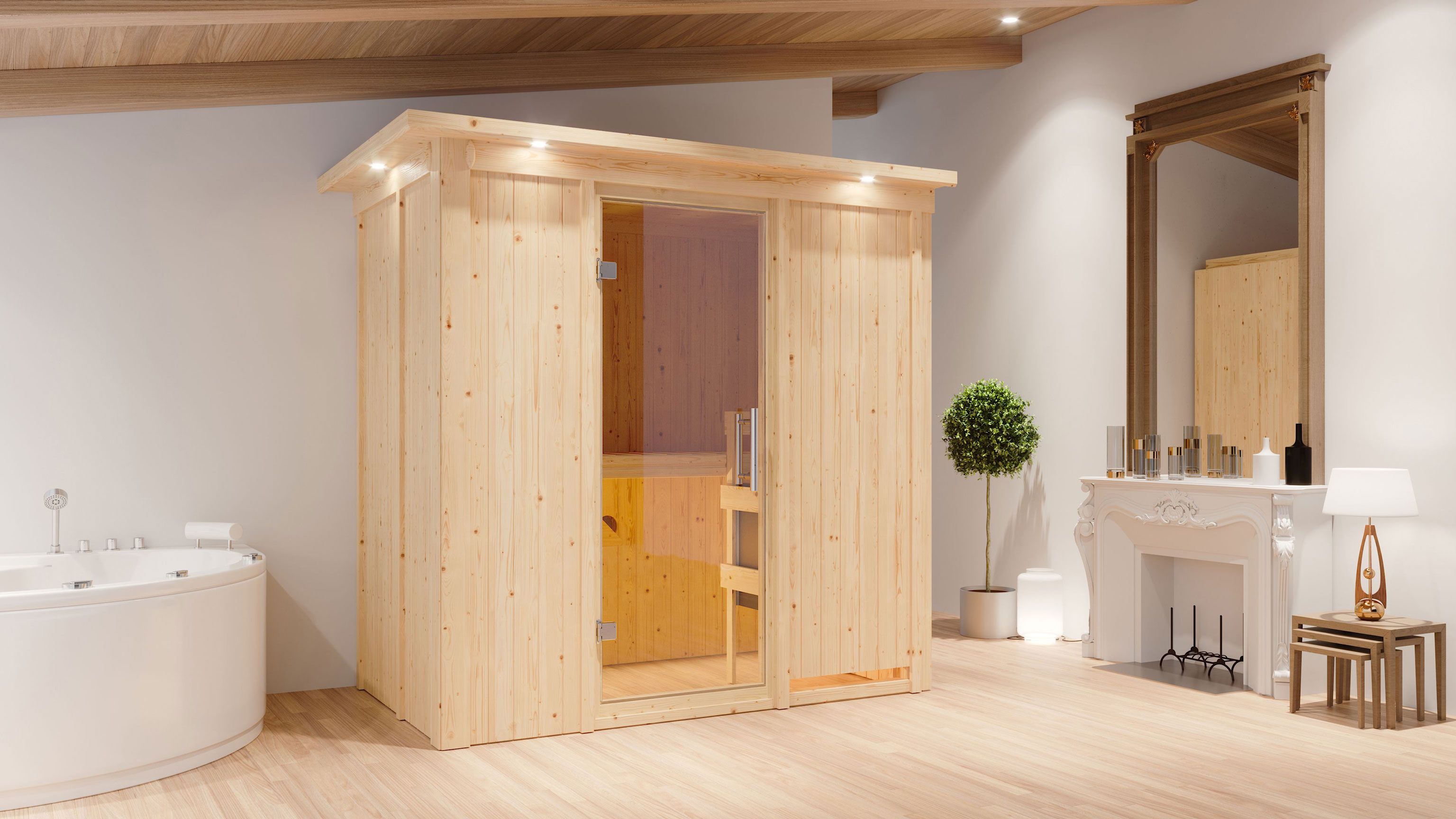 Sauna "Eeli" SET mit Klarglastür, Kranz & Ofen externe Steuerung easy 9 kW - 210 x 132 x 202 cm (B x T x H)