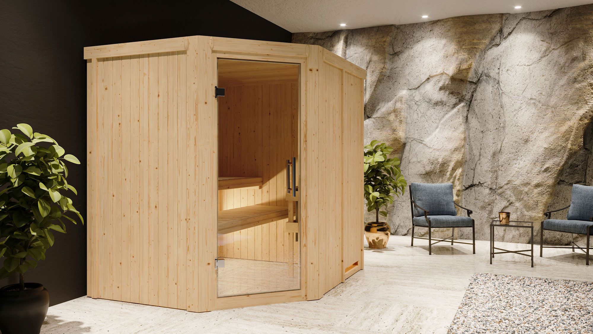 Sauna "Hanko" SET mit Klarglastür & Ofen externe Steuerung easy 9 KW - 196 x 170 x 198 cm (B x T x H)