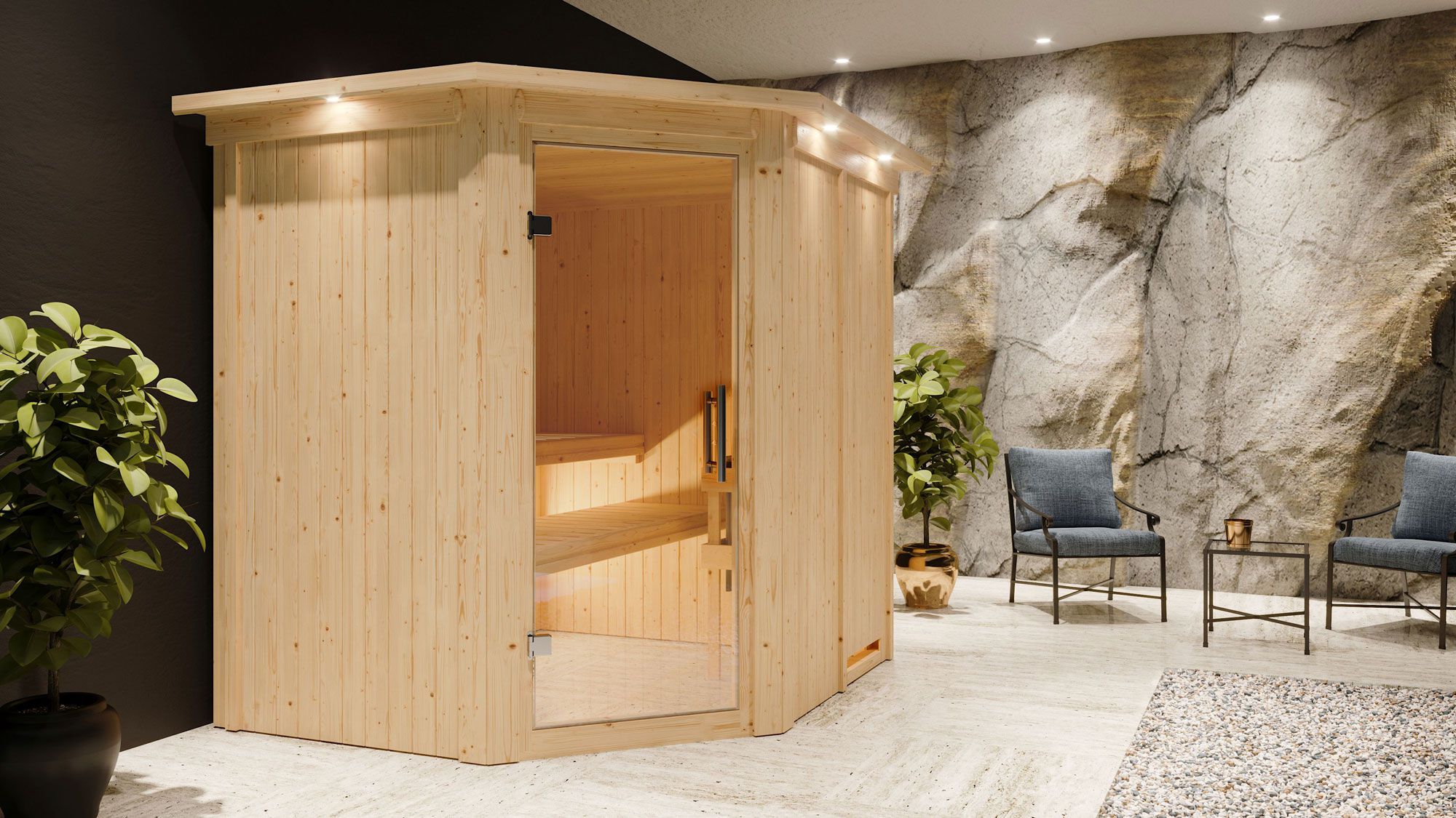 Sauna "Hanko" SET mit Klarglastür, Kranz & Ofen externe Steuerung easy 9 KW - 210 x 184 x 202 cm (B x T x H)