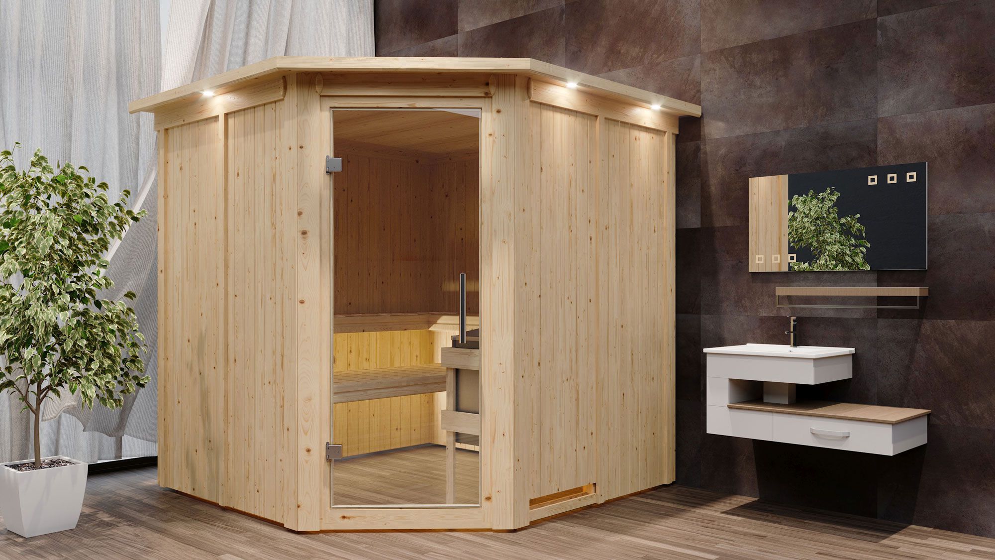 Sauna "Nooa" SET mit Klarglastür, Kranz & Ofen externe Steuerung easy 9 KW - 210 x 210 x 202 cm (B x T x H)