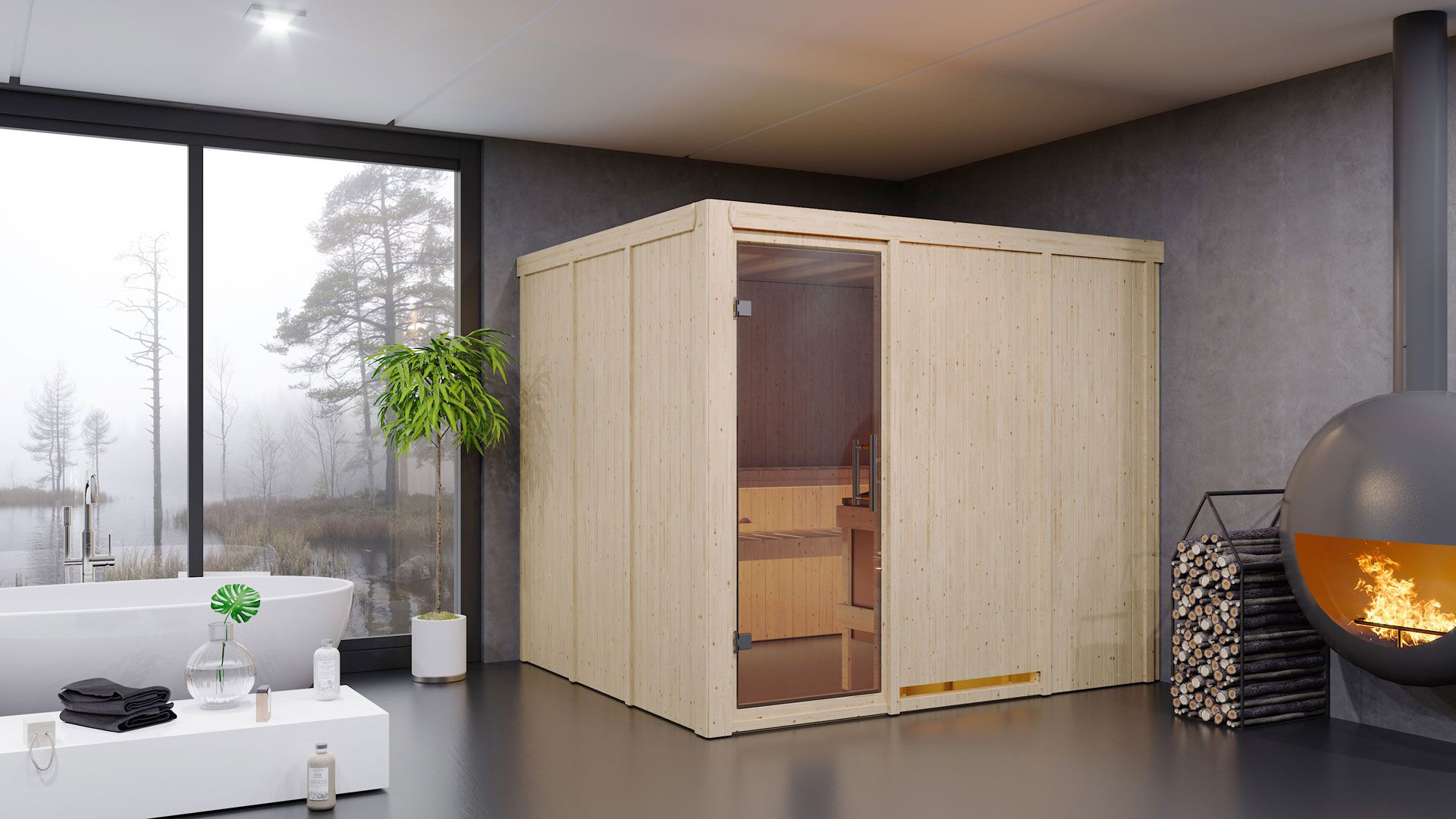 Sauna "Toivo" SET mit Klarglastür & Ofen externe Steuerung easy 9 KW - 231 x 196 x 198 cm (B x T x H)