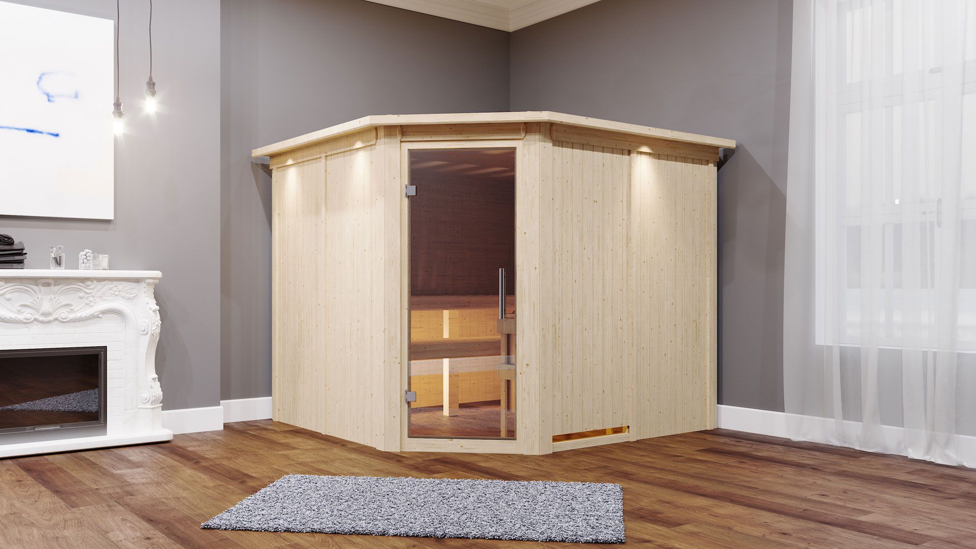 Sauna "Samu" SET mit Klarglastür, Kranz & Ofen externe Steuerung easy 9 KW - 245 x 210 x 202 cm (B x T x H)