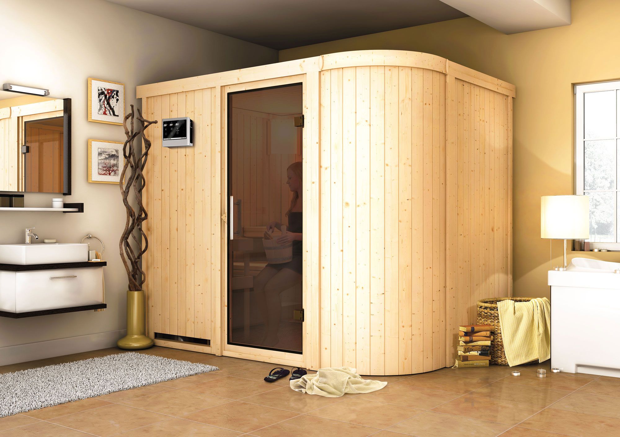 Sauna "Einar" SET mit graphitfarbener Tür & Ofen externe Steuerung easy 9 KW - 231 x 170 x 198 cm (B x T x H)