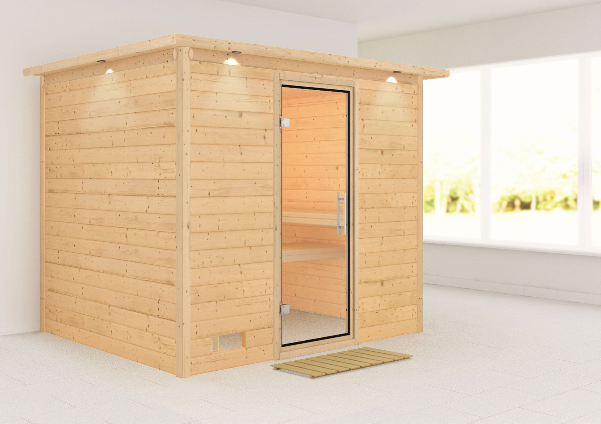 Sauna "Leja" mit Klarglastür und Kranz - Farbe: Natur - 259 x 210 x 205 cm (B x T x H)
