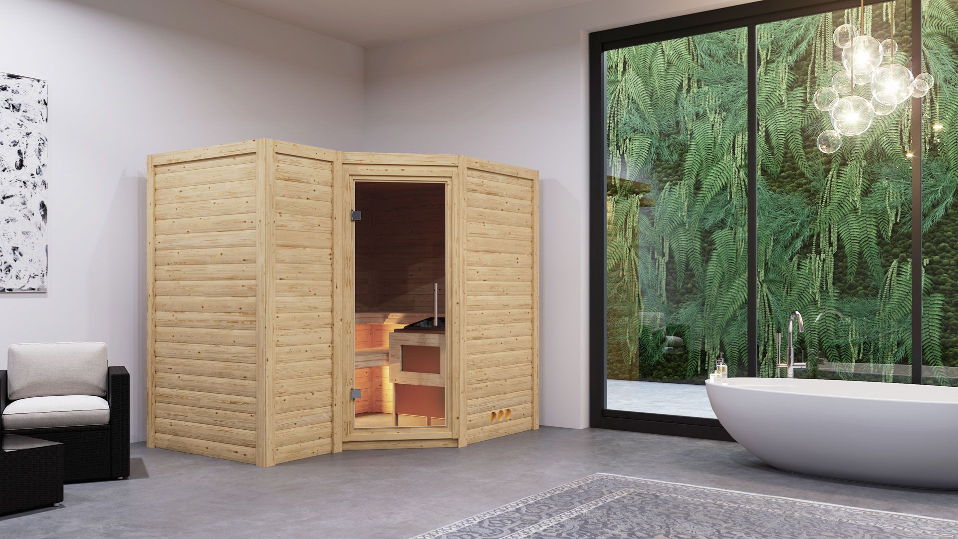 Sauna "Tjara 2" mit Klarglastür - Farbe: Natur - 236 x 184 x 209 cm (B x T x H)