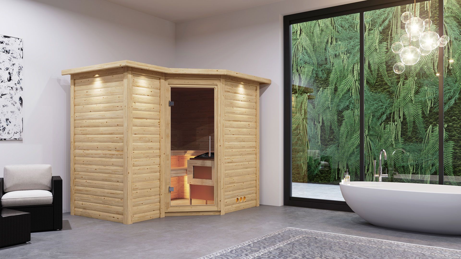Sauna "Tjara 2" mit Klarglastür und Kranz - Farbe: Natur - 264 x 198 x 212 cm (B x T x H)