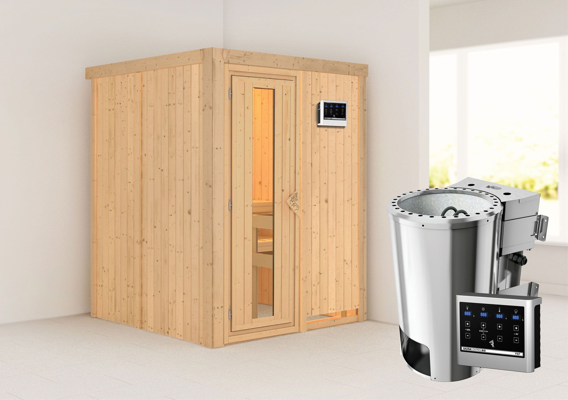 Sauna "Joran" SET mit Energiespartür und Ofen BIO 3,6 kW-Ofen BIO - 151 x 151 x 198 cm (B x T x H)