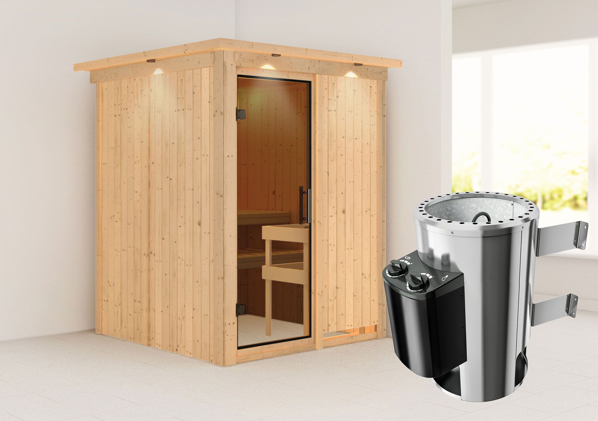 Sauna "Joran" SET mit graphitfarbener Tür, Kranz & Ofen 3,6 kW - 165 x 165 x 202 cm (B x T x H)