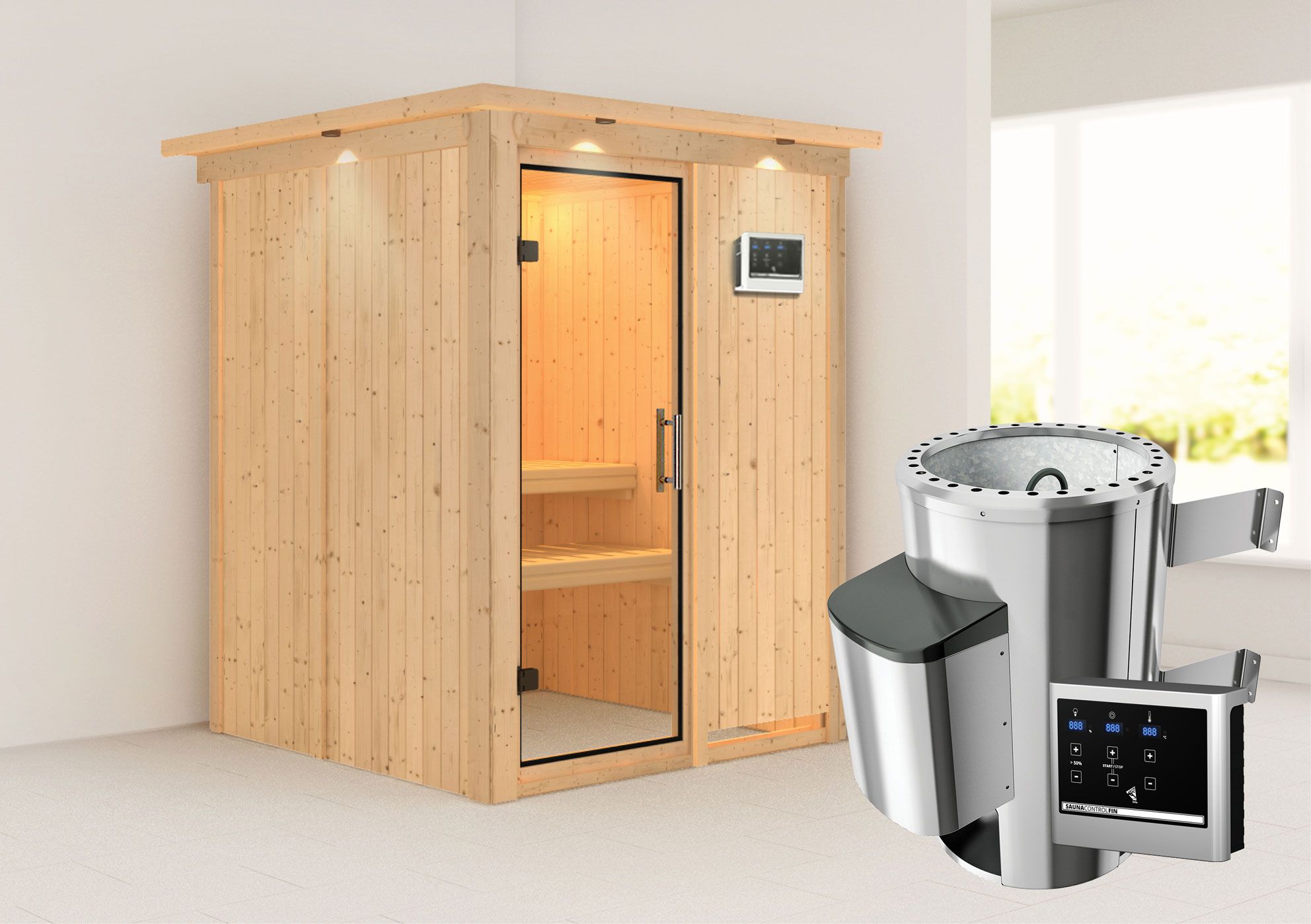 Sauna "Joran" SET mit Klarglastür und Kranz - Farbe: Natur, Ofen externe Steuerung easy 3,6 kW - 165 x 165 x 202 cm (B x T x H)