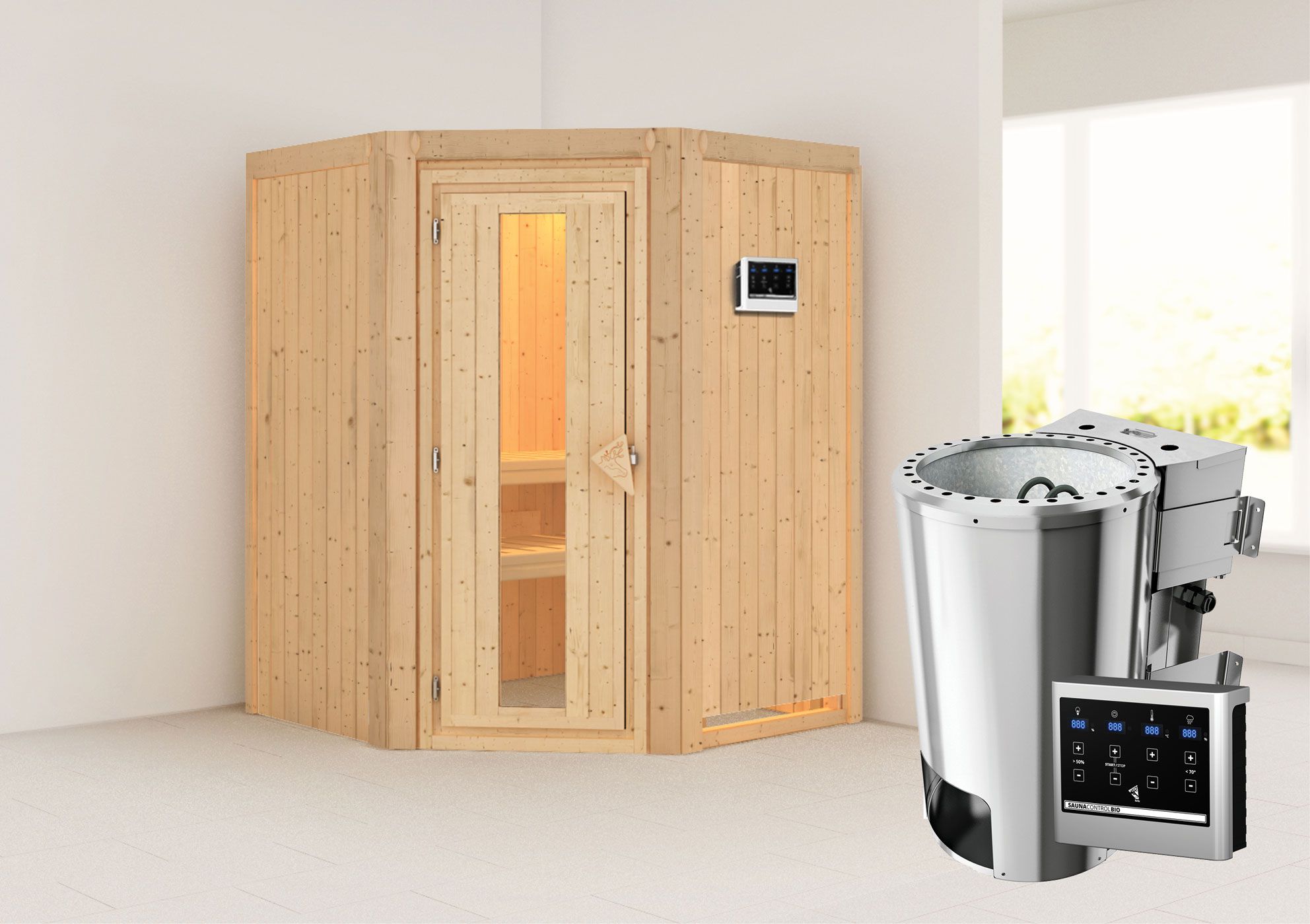 Sauna "Loran" SET mit Energiespartür und Ofen BIO 3,6 kW - 151 x 151 x 198 cm (B x T x H)