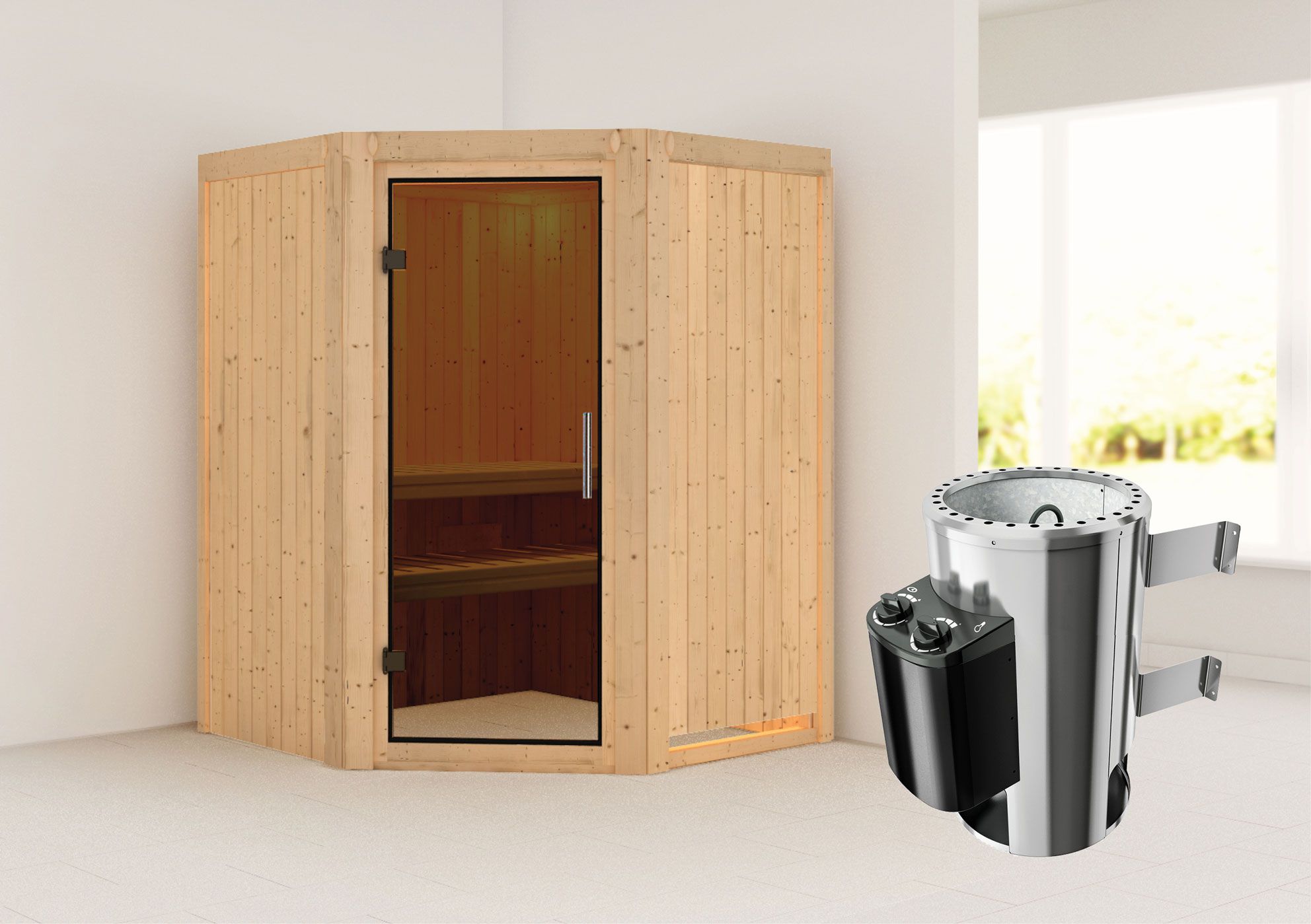 Sauna "Loran" SET mit graphitfarbener Tür & Ofen 3,6 kW - 151 x 151 x 198 cm (B x T x H)