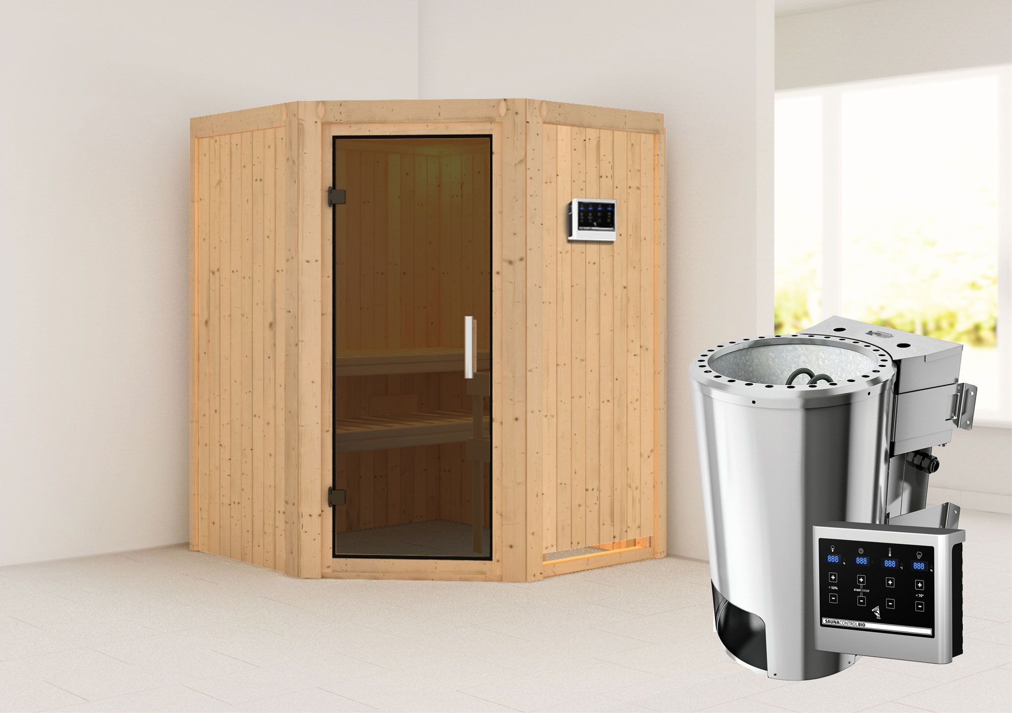 Sauna "Loran" SET mit graphitfarbener Tür & Ofen BIO 3,6 kW - 151 x 151 x 198 cm (B x T x H)