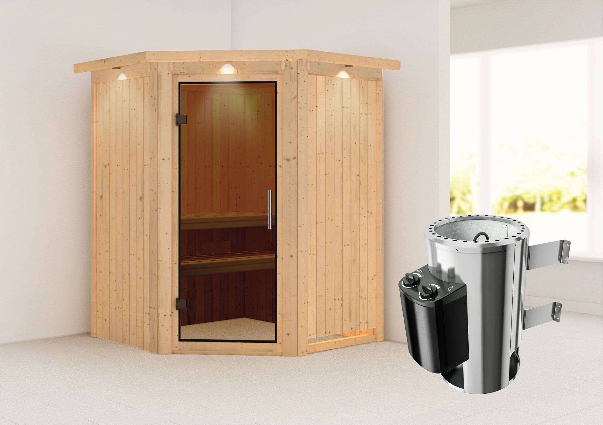 Sauna "Loran" SET mit graphitfarbener Tür, Kranz & Ofen 3,6 kW - 165 x 165 x 202 cm (B x T x H)