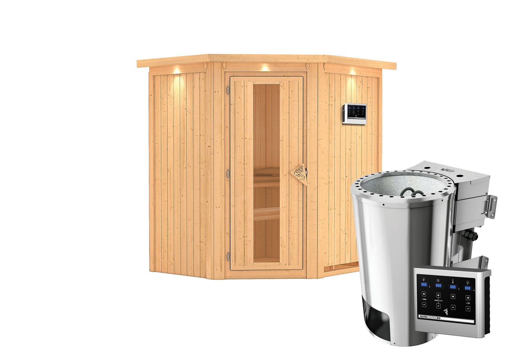 Sauna "Kjell" SET mit Energiespartür, Kranz und Ofen BIO 3,6 kW - 184 x 165 x 202 cm (B x T x H)