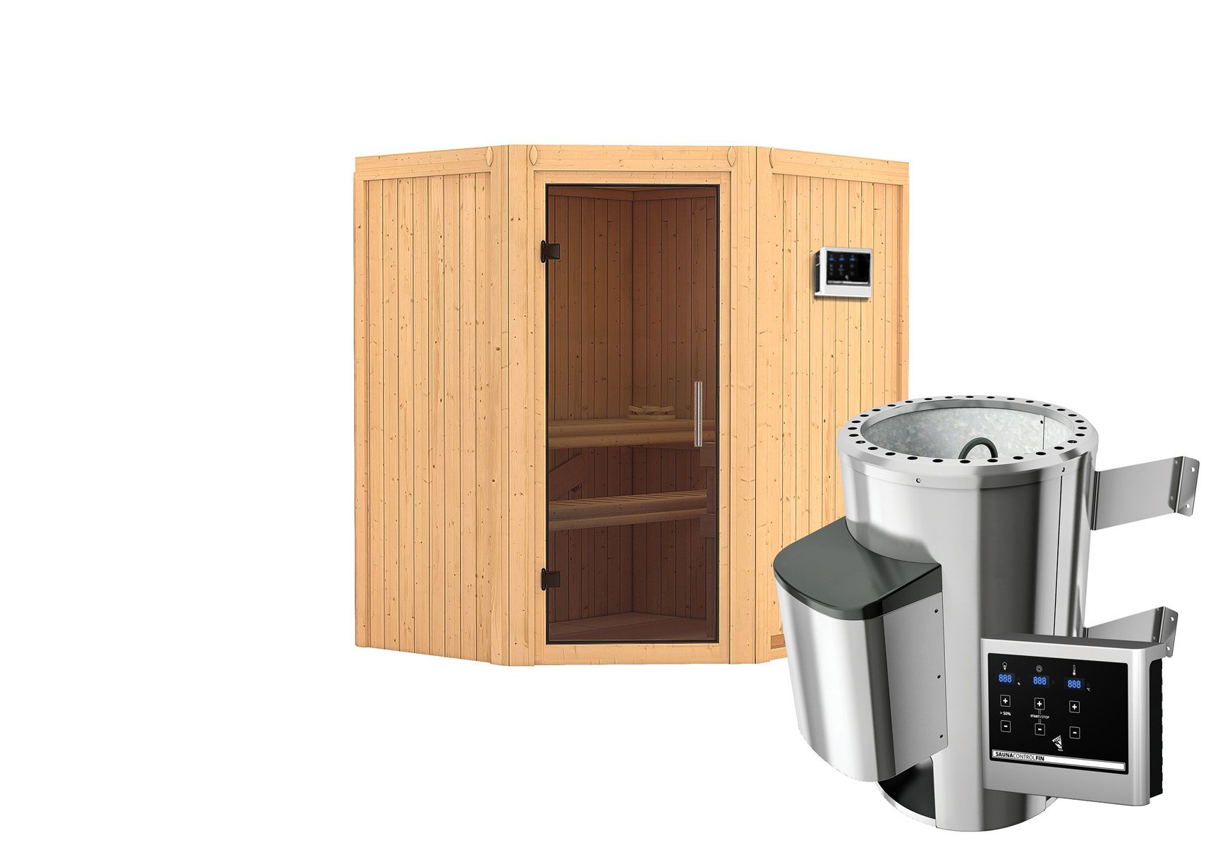 Sauna "Kjell" SET mit graphitfarbener Tür - Farbe: Natur, Ofen externe Steuerung easy 3,6 kW - 170 x 151 x 198 cm (B x T x H)