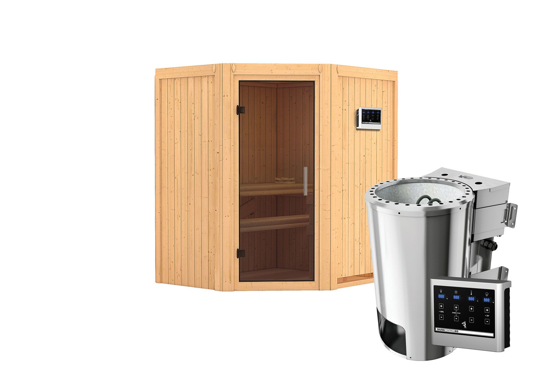 Sauna "Kjell" SET mit graphitfarbener Tür & Ofen BIO 3,6 kW - 170 x 151 x 198 cm (B x T x H)