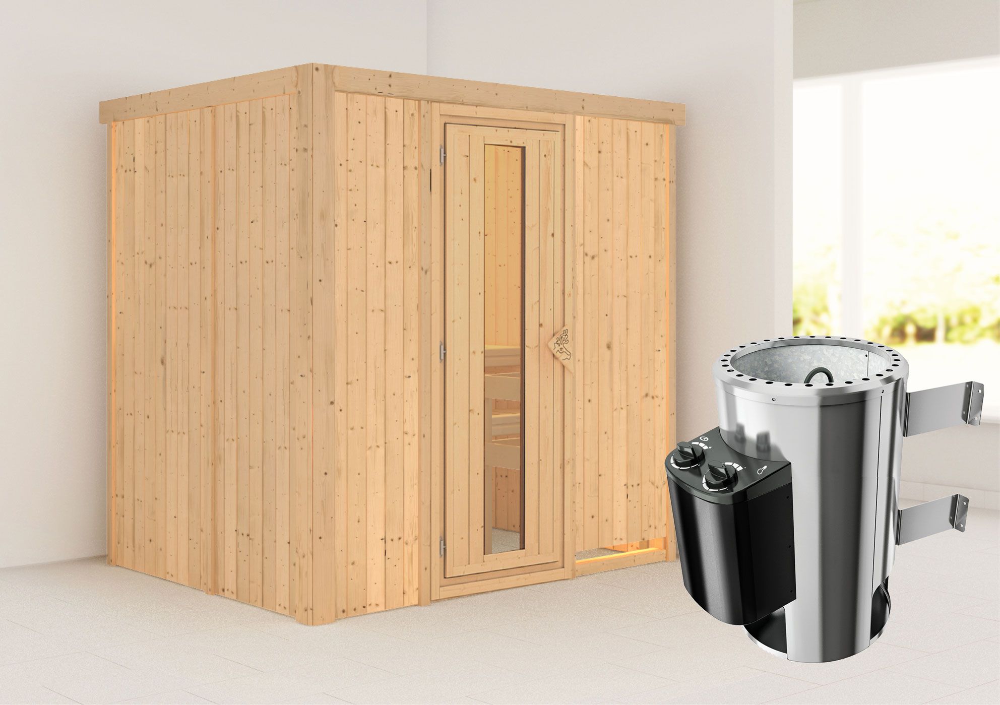 Sauna "Jarle" SET mit Energiespartür und Ofen 3,6 kW - 196 x 151 x 198 cm (B x T x H)