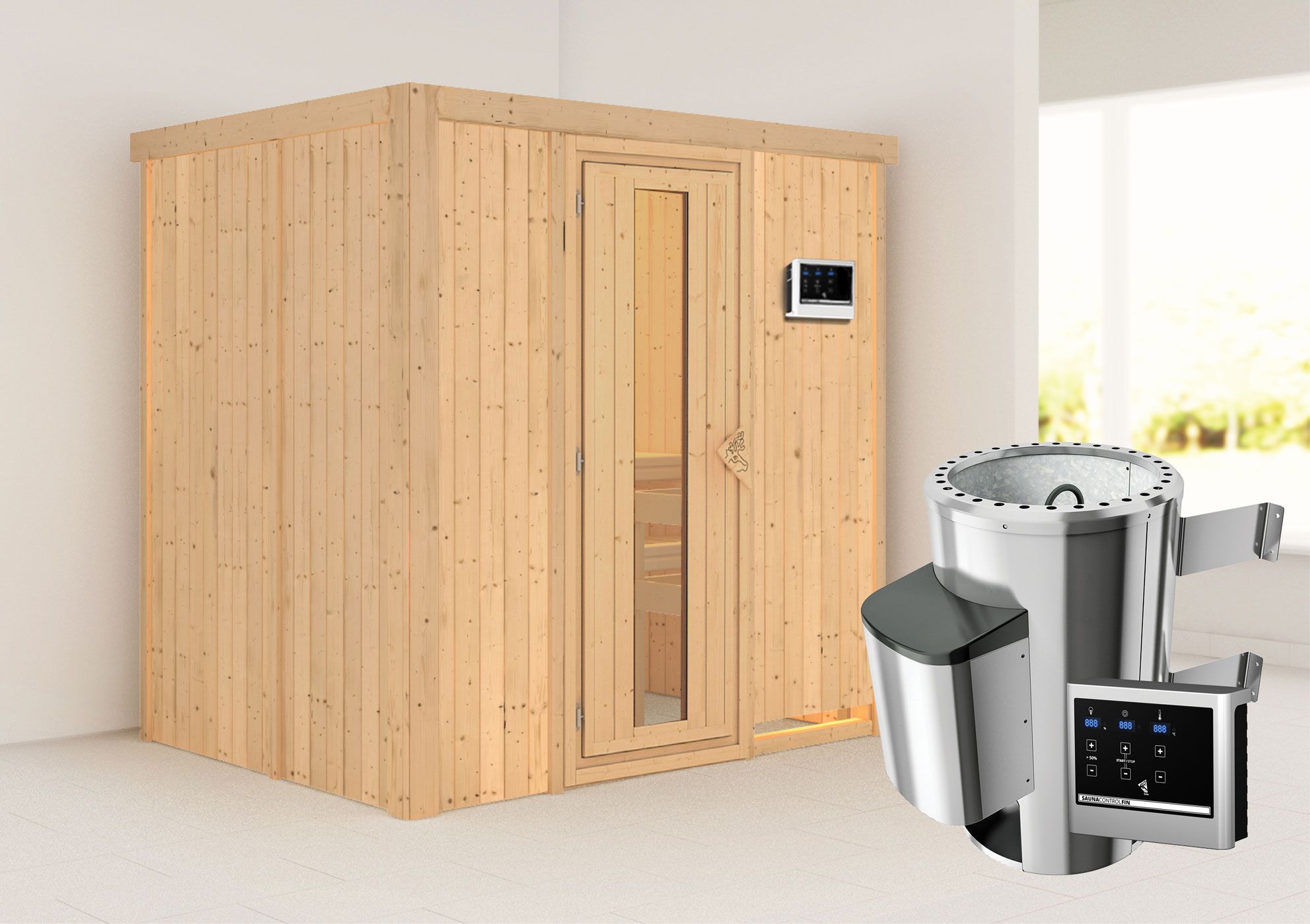 Sauna "Jarle" SET mit Energiespartür - Farbe: Natur, Ofen externe Steuerung easy 3,6 kW - 196 x 151 x 198 cm (B x T x H)