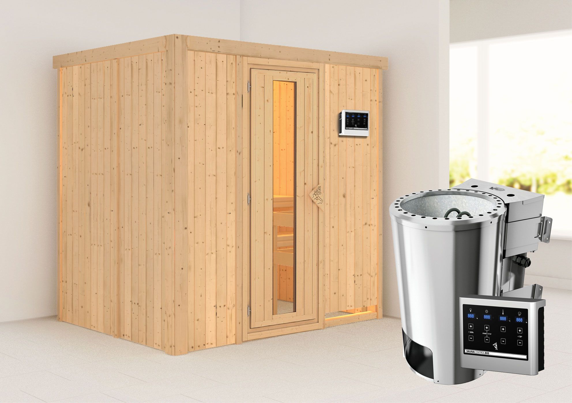 Sauna "Jarle" SET mit Energiespartür und Ofen BIO 3,6 kW - 196 x 151 x 198 cm (B x T x H)