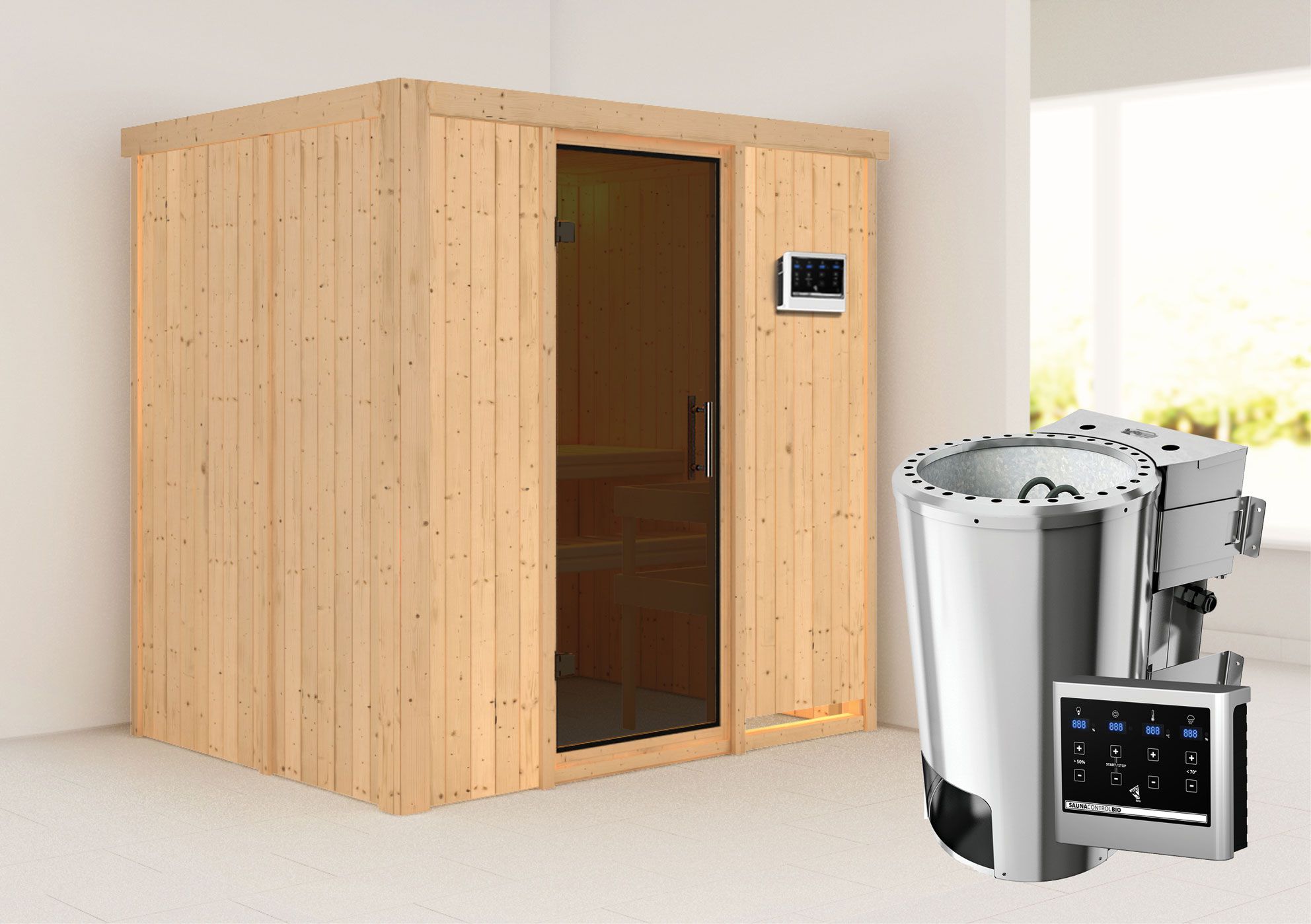Sauna "Jarle" SET mit graphitfarbener Tür & Ofen BIO 3,6 kW - 196 x 151 x 198 cm (B x T x H)