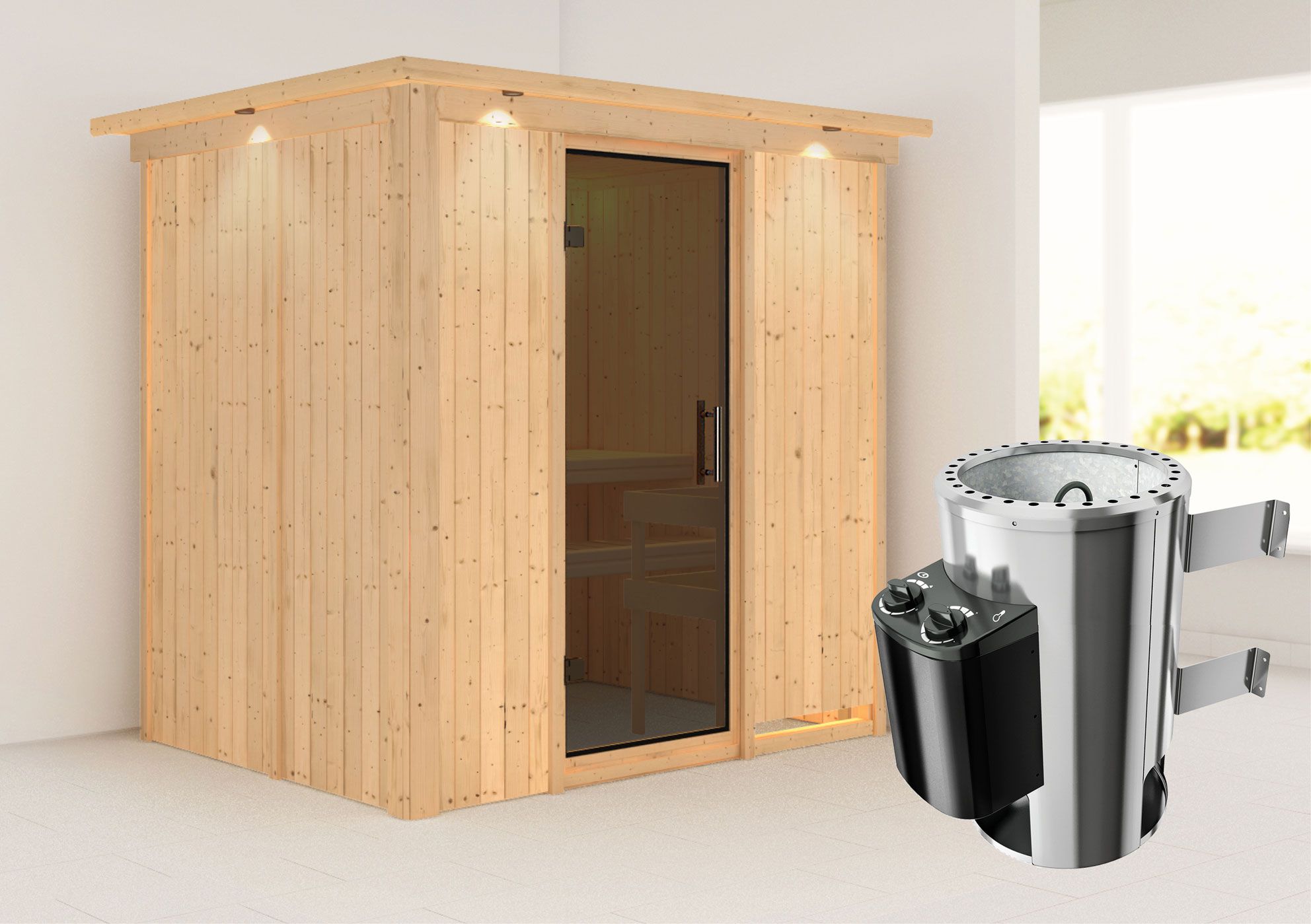 Sauna "Jarle" SET mit graphitfarbener Tür, Kranz & Ofen 3,6 kW - 210 x 165 x 202 cm (B x T x H)