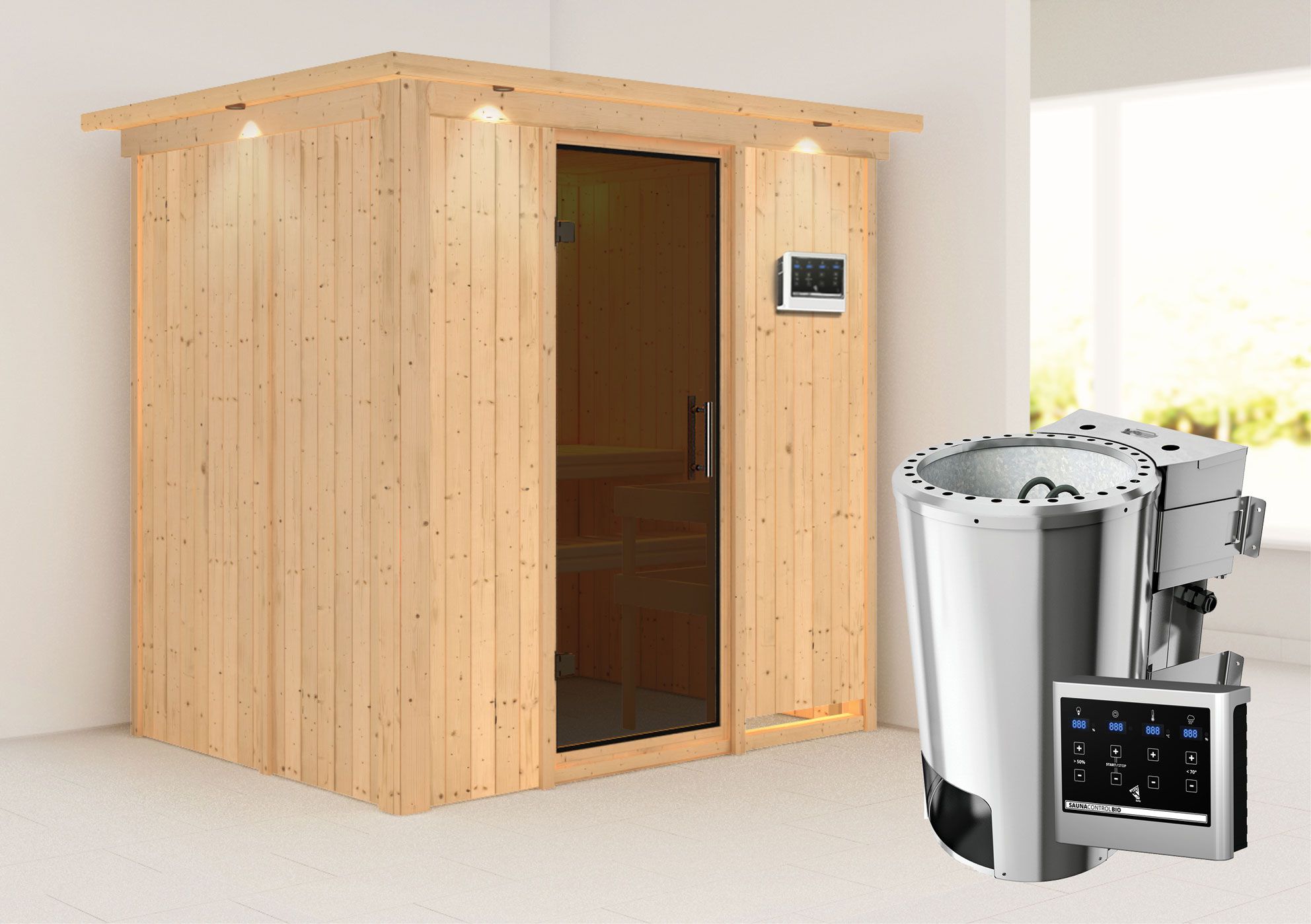 Sauna "Jarle" SET mit graphitfarbener Tür, Kranz & Ofen BIO 3,6 kW - 210 x 165 x 202 cm (B x T x H)