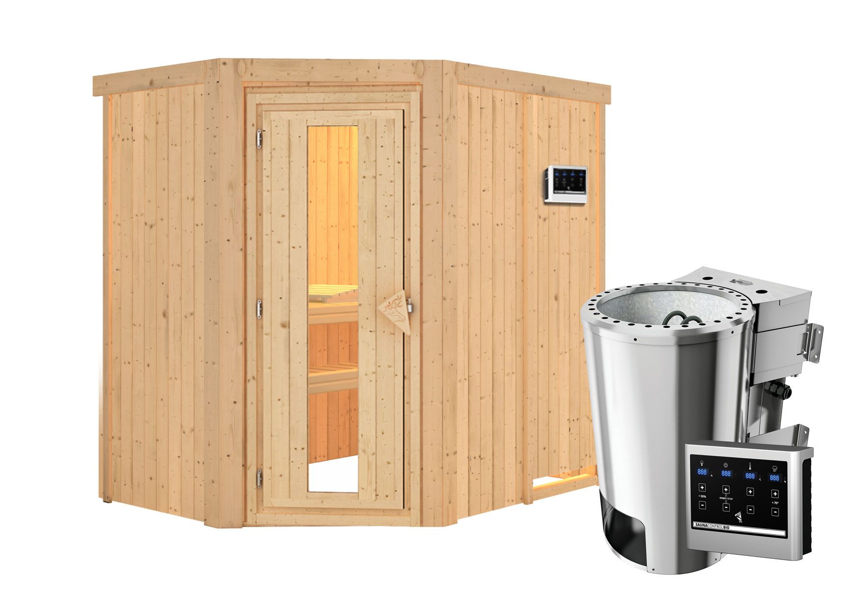 Sauna "Ole"  SET mit Energiespartür und Ofen BIO 3,6 kW - 151 x 196 x 198 cm (B x T x H)
