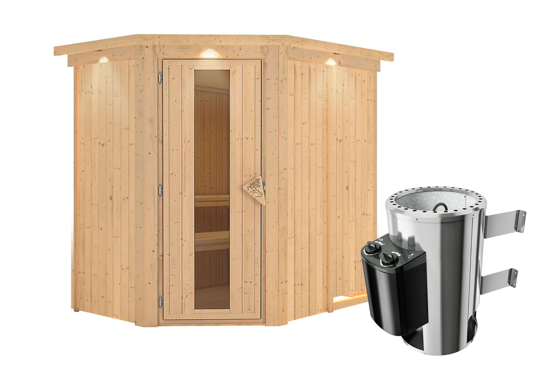 Sauna "Ole"  SET mit Energiespartür, Kranz und Ofen 3,6 kW - 165 x 210 x 202 cm (B x T x H)