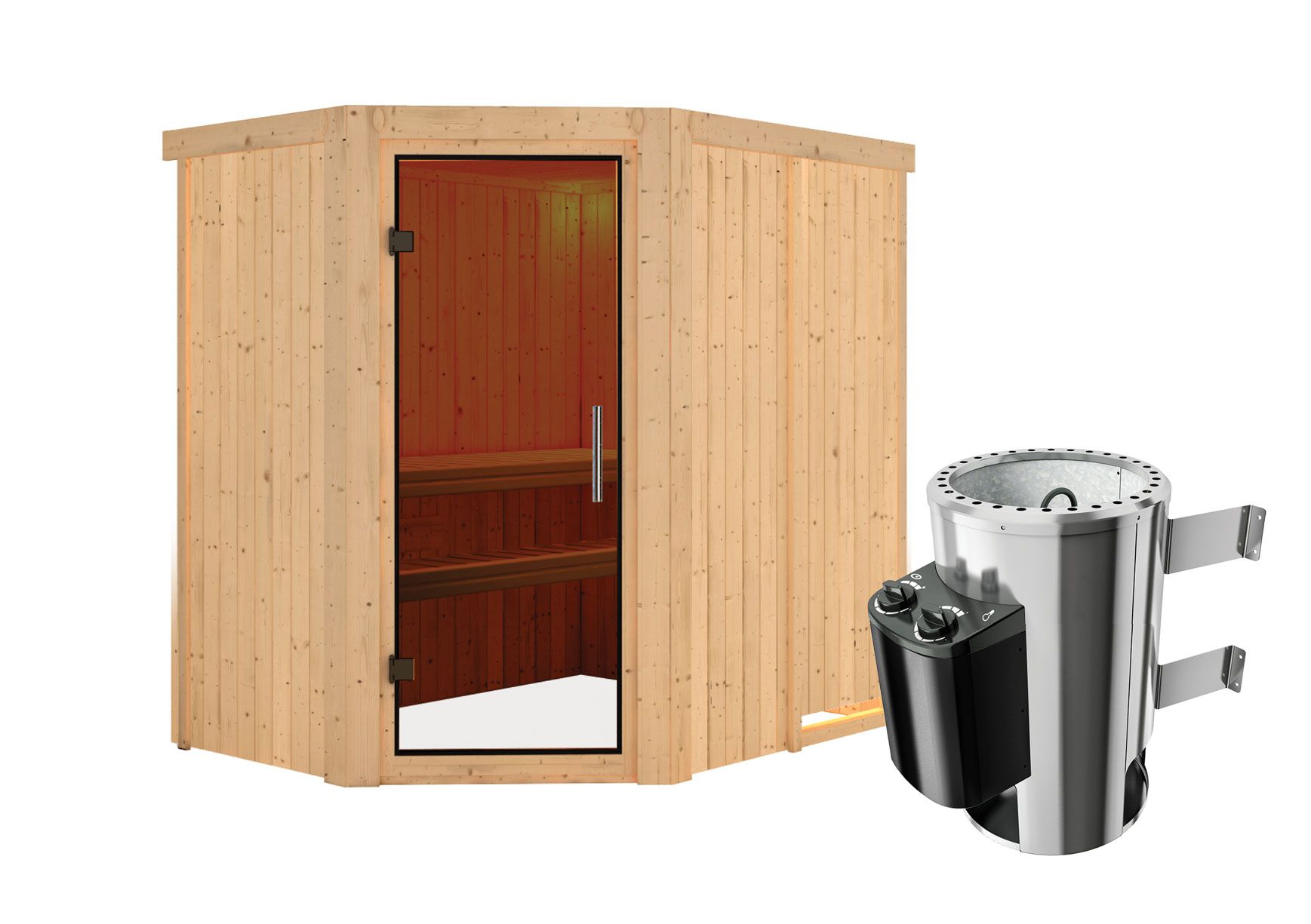 Sauna "Ole"  SET mit graphitfarbener Tür & Ofen 3,6 kW - 151 x 196 x 198 cm (B x T x H)