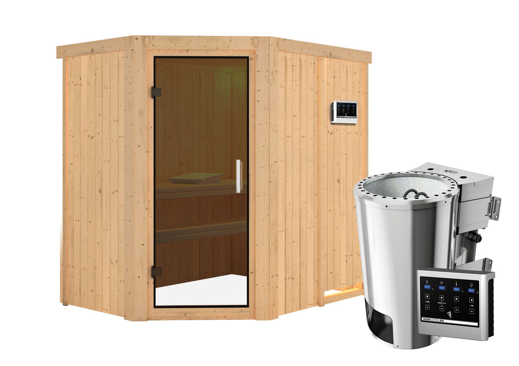 Sauna "Ole"  SET mit graphitfarbener Tür & Ofen BIO 3,6 kW - 151 x 196 x 198 cm (B x T x H)