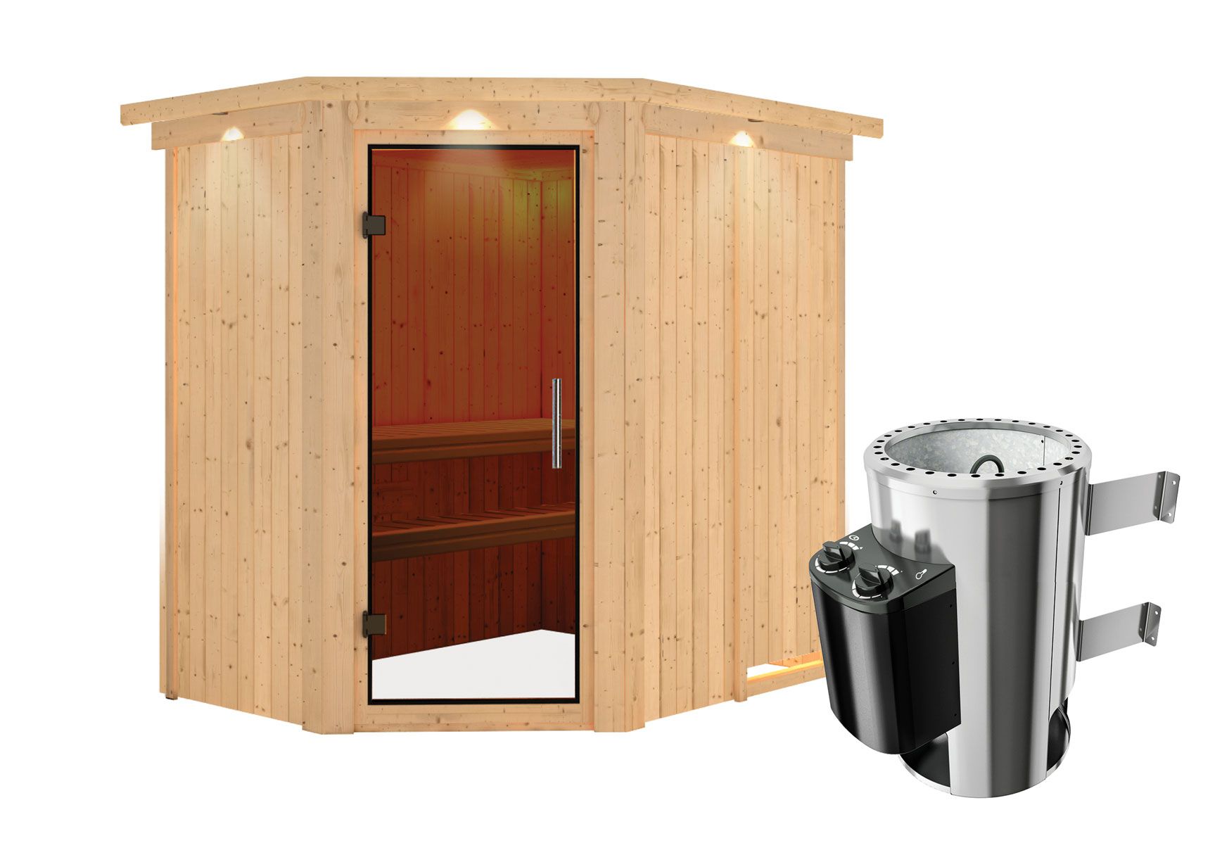 Sauna "Ole"  SET mit graphitfarbener Tür, Kranz & Ofen 3,6 kW - 165 x 210 x 202 cm (B x T x H)
