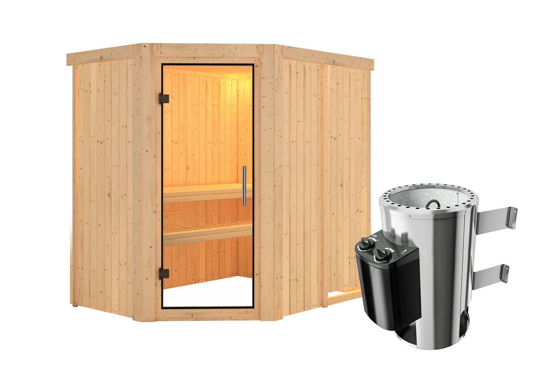 Sauna "Ole"  SET mit Klarglastür & Ofen 3,6 kW - 151 x 196 x 198 cm (B x T x H)