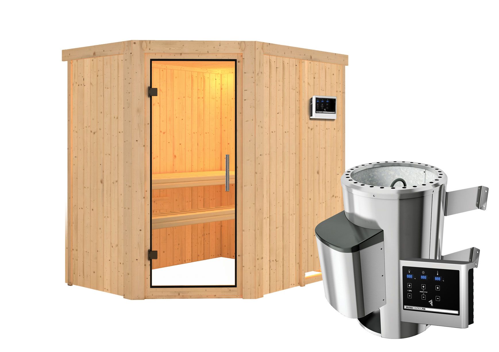 Sauna "Ole"  SET mit Klarglastür - Farbe: Natur, Ofen externe Steuerung easy 3,6 kW - 151 x 196 x 198 cm (B x T x H)