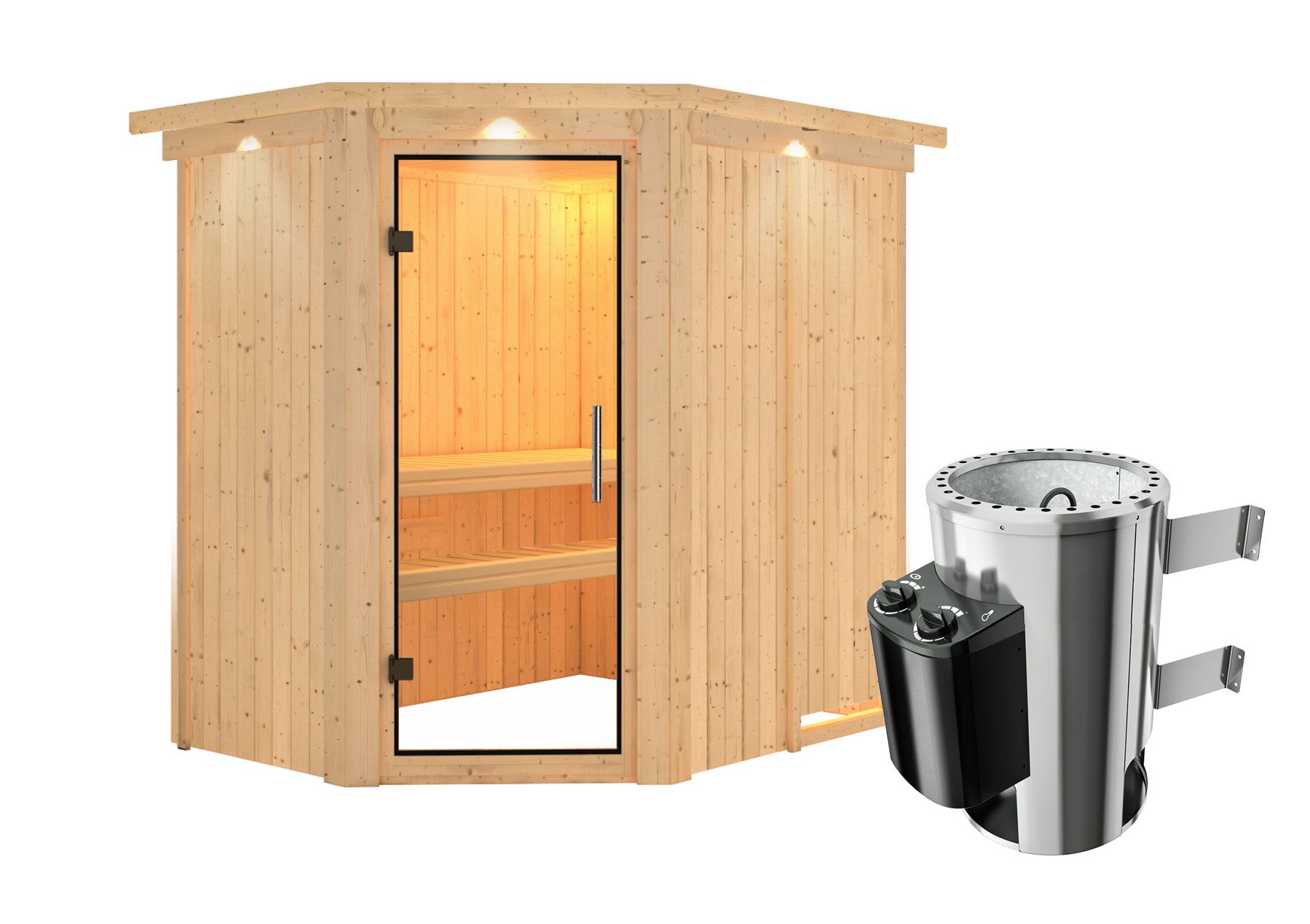 Sauna "Ole"  SET mit Klarglastür, Kranz & Ofen 3,6 kW - 165 x 210 x 202 cm (B x T x H)