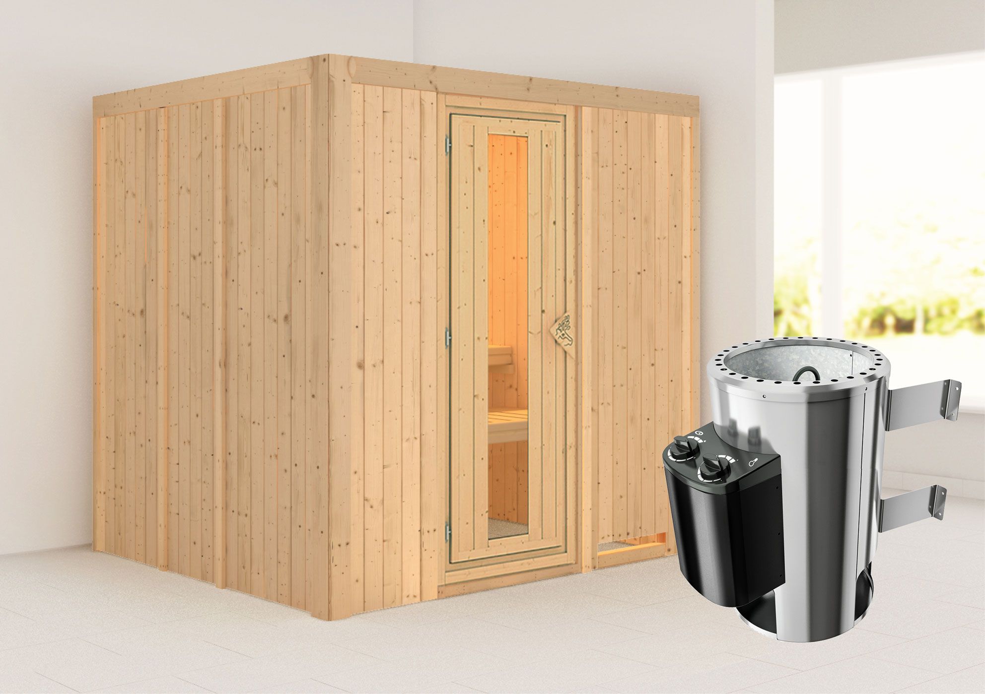 Sauna "Agnar" SET mit Energiespartür und Ofen 3,6 kW - 196 x 170 x 198 cm (B x T x H)