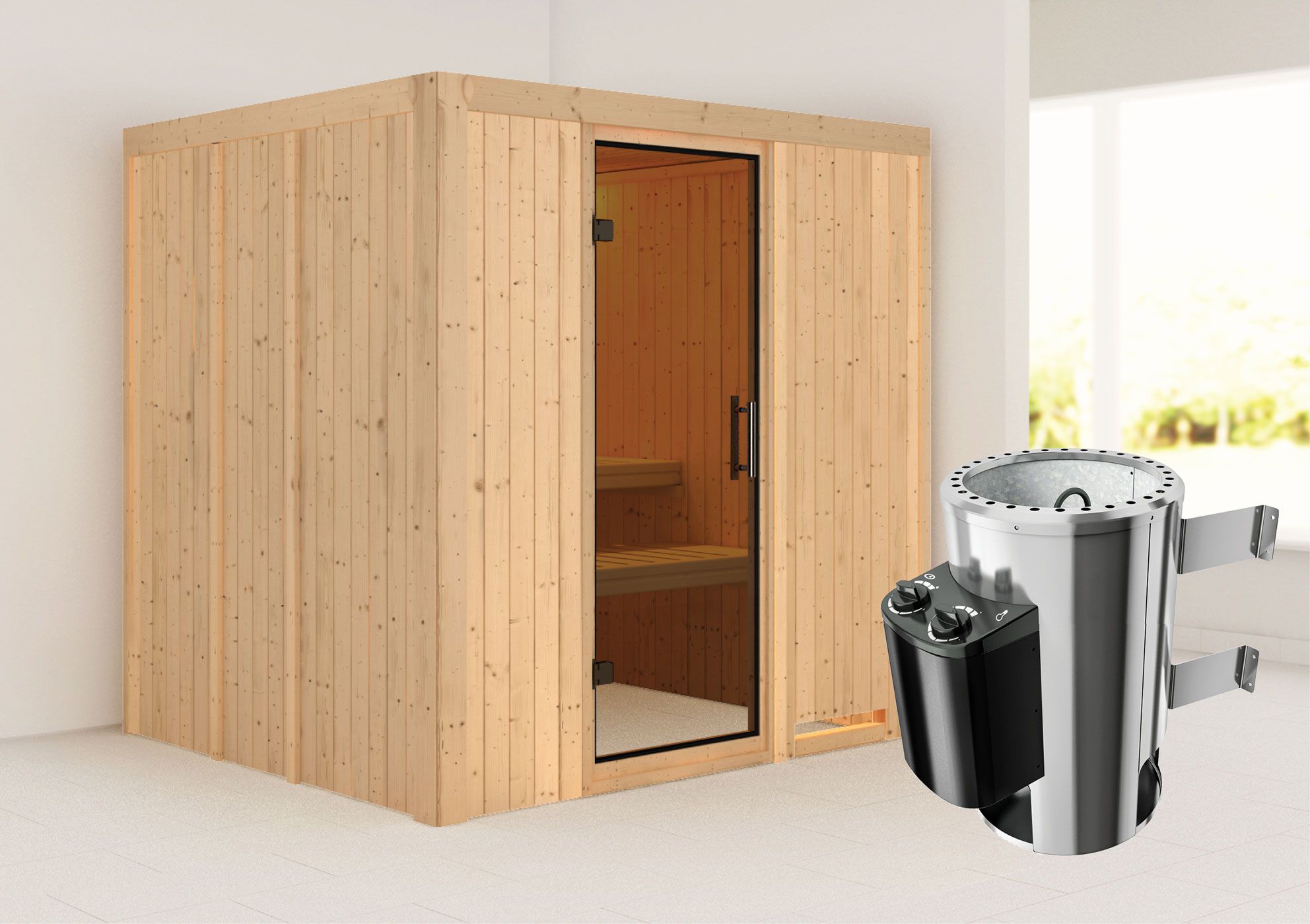Sauna "Agnar" SET mit graphitfarbener Tür & Ofen 3,6 kW - 196 x 170 x 198 cm (B x T x H)