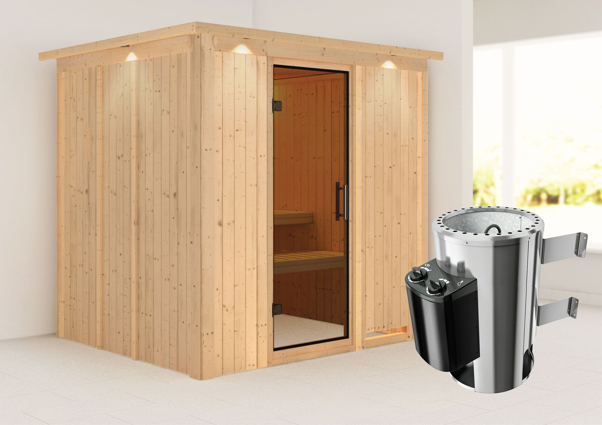 Sauna "Agnar" SET mit graphitfarbener Tür, Kranz & Ofen 3,6 kW - 210 x 184 x 202 cm (B x T x H)