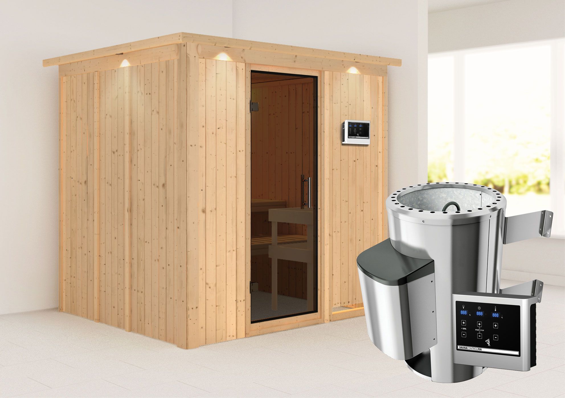 Sauna "Agnar" SET mit graphitfarbener Tür und Kranz - Farbe: Natur, Ofen externe Steuerung easy 3,6 kW - 210 x 184 x 202 cm (B x T x H)