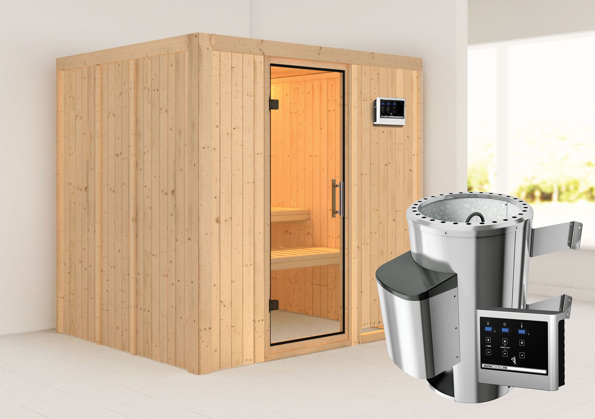 Sauna "Agnar" SET mit Klarglastür - Farbe: Natur, Ofen externe Steuerung easy 3,6 kW - 196 x 170 x 198 cm (B x T x H)
