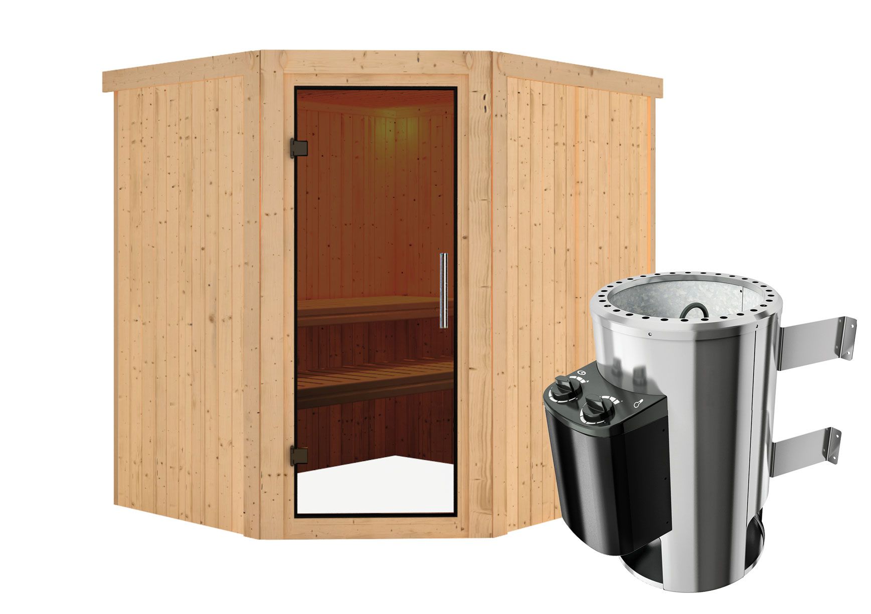 Sauna "Askjell" SET mit graphitfarbener Tür & Ofen 3,6 kW - 196 x 170 x 198 cm (B x T x H)